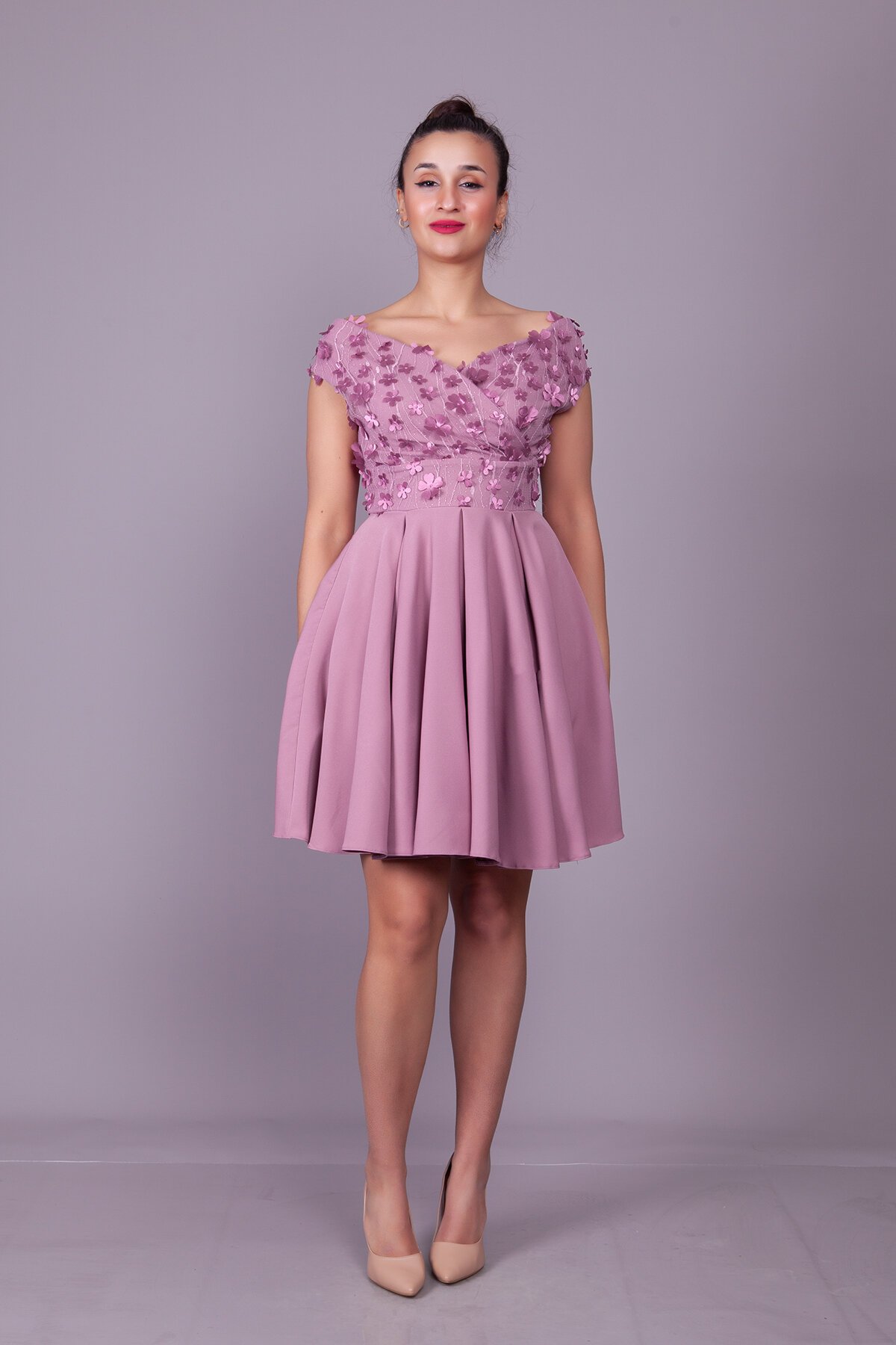 Mini Dark Rose Floral Boat Neck Tulle Detail Evening Dress - Dark Rose - Bidoluelbise