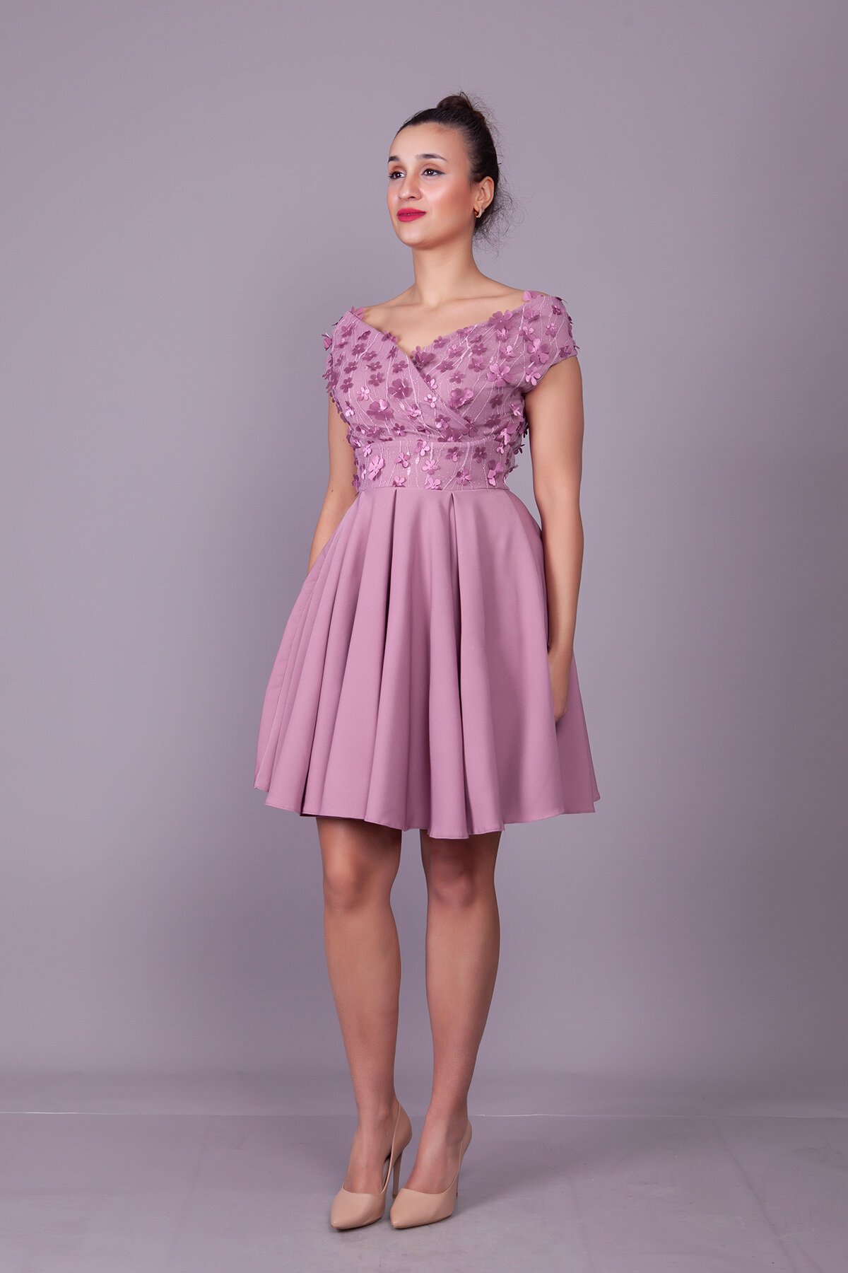 Mini Dark Rose Floral Boat Neck Tulle Detail Evening Dress - Dark Rose - Bidoluelbise