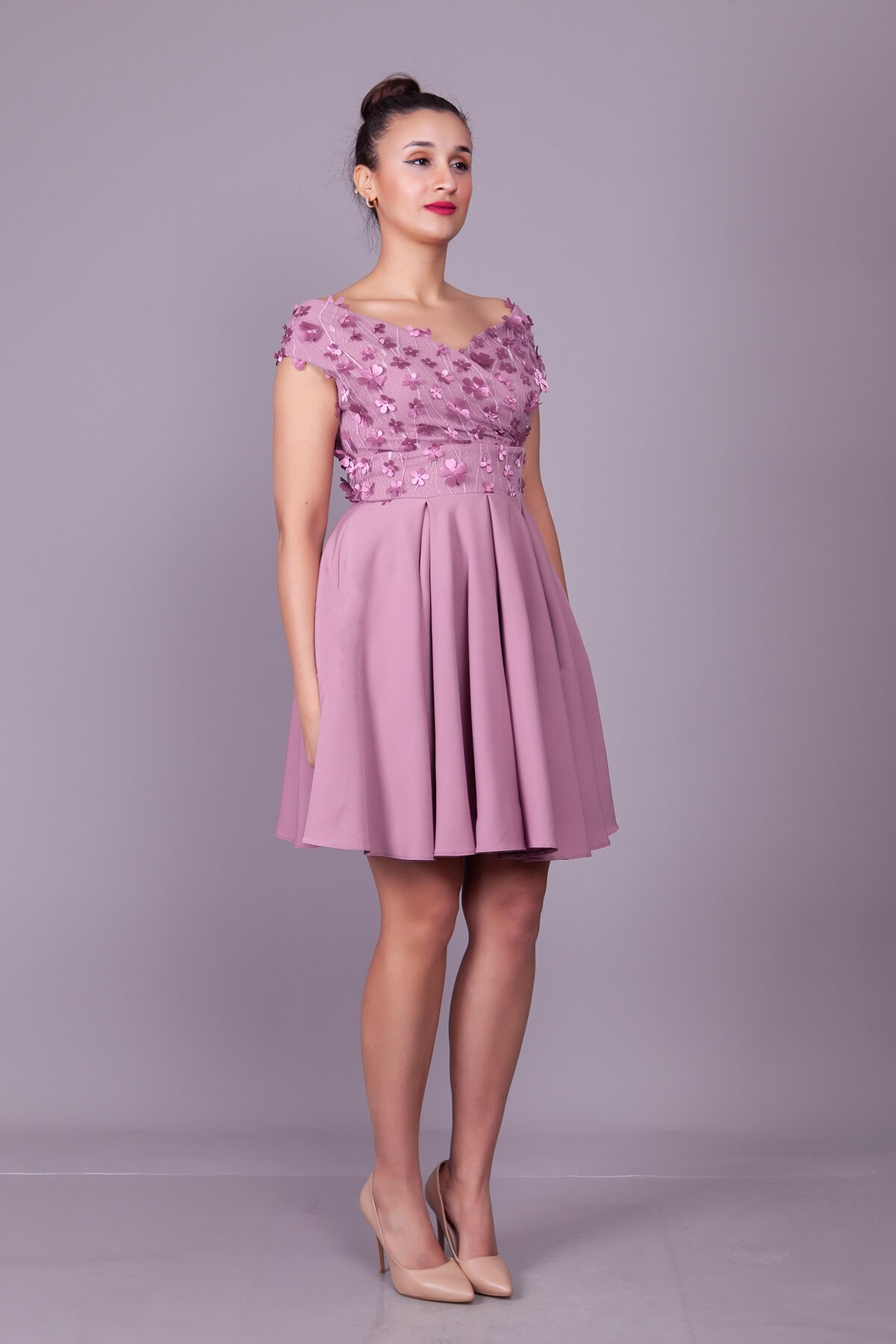 Mini Dark Rose Floral Boat Neck Tulle Detail Evening Dress - Dark Rose - Bidoluelbise
