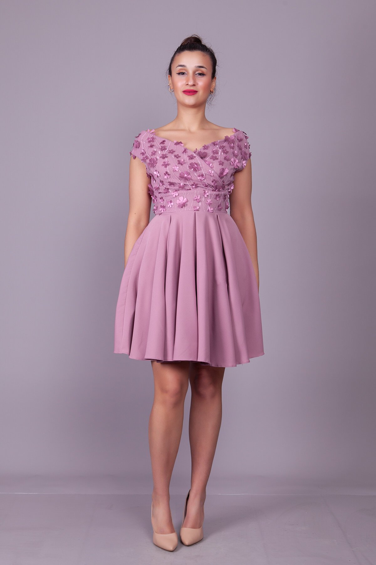 Mini Dark Rose Floral Boat Neck Tulle Detail Evening Dress - Dark Rose - Bidoluelbise