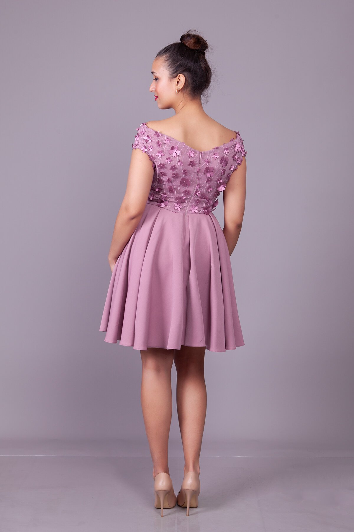 Mini Dark Rose Floral Boat Neck Tulle Detail Evening Dress - Dark Rose - Bidoluelbise