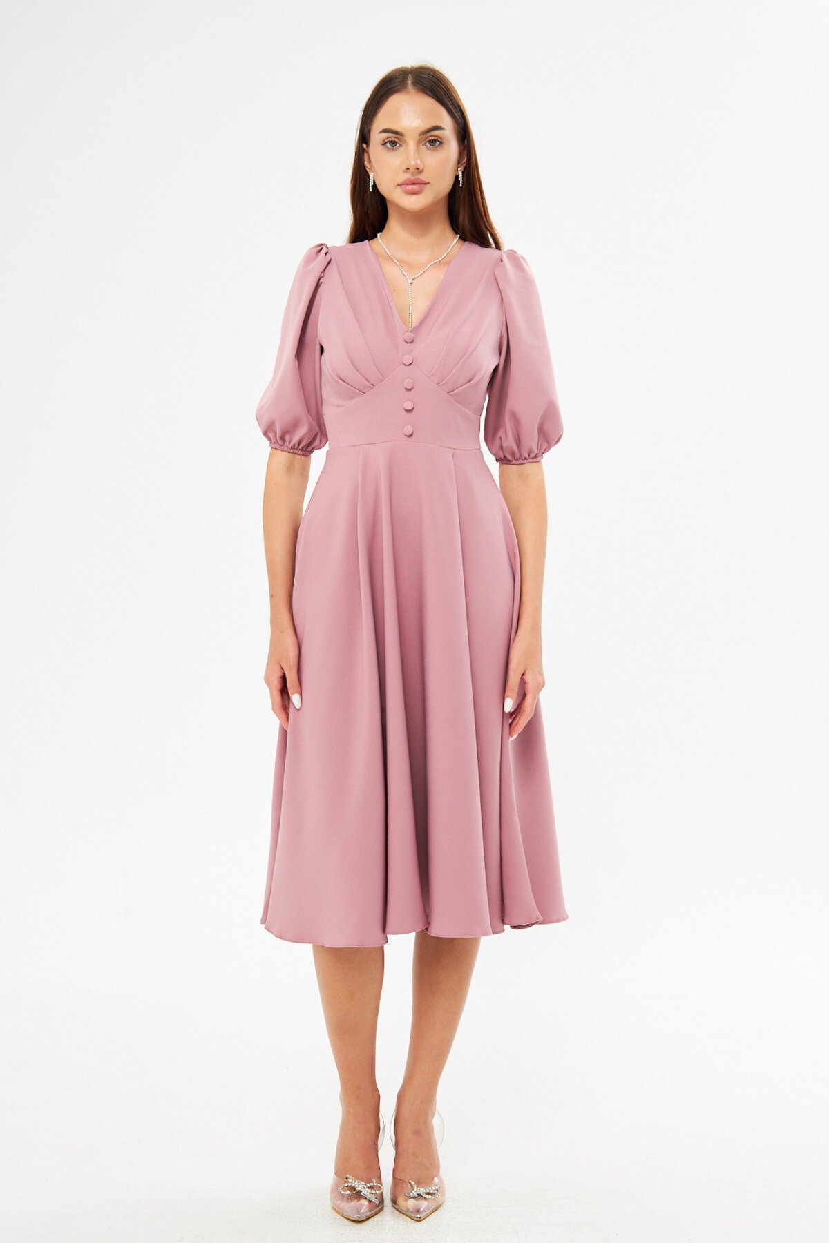 Midi Balloon Sleeve V-Neck Corset Detail Evening Dress - Dark Dusty Rose - Bidoluelbise