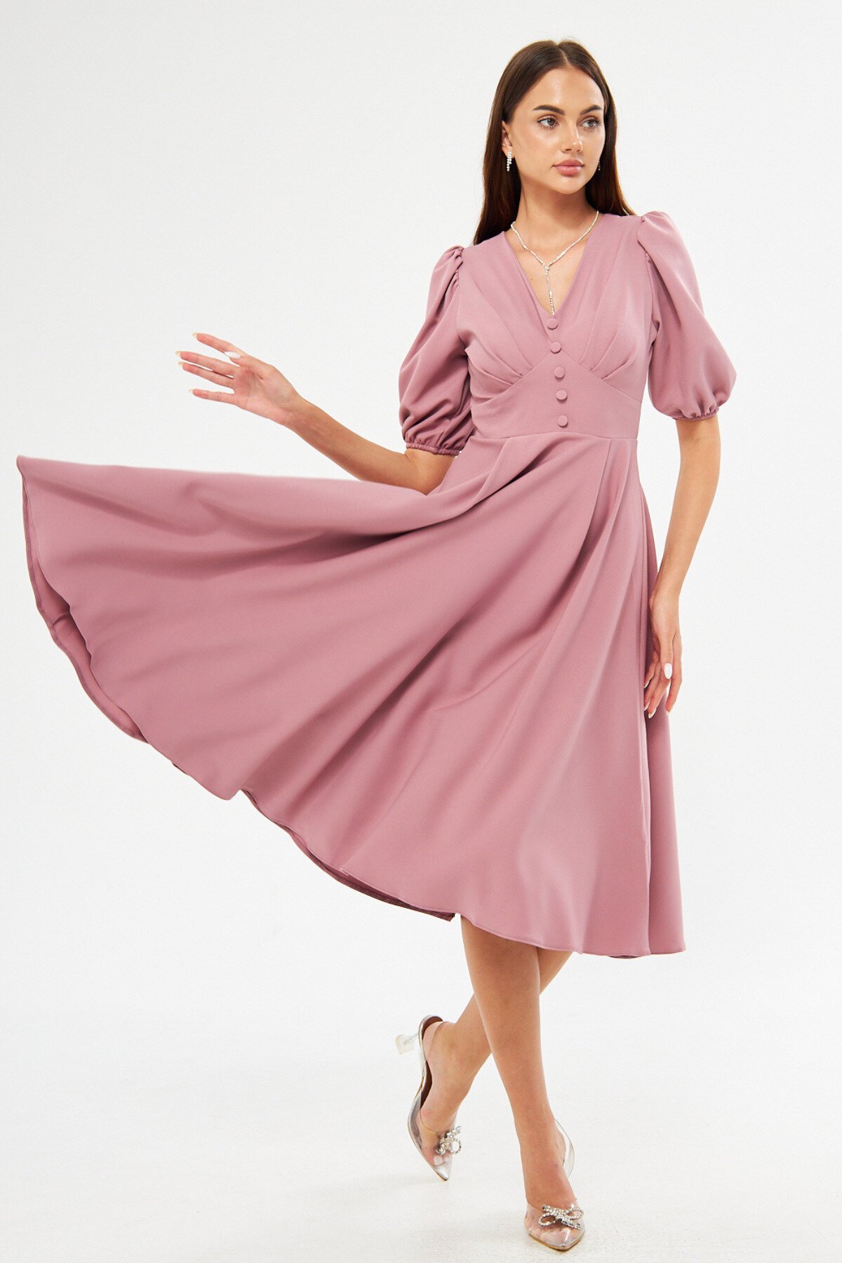 Midi Balloon Sleeve V-Neck Corset Detail Evening Dress - Dark Dusty Rose - Bidoluelbise