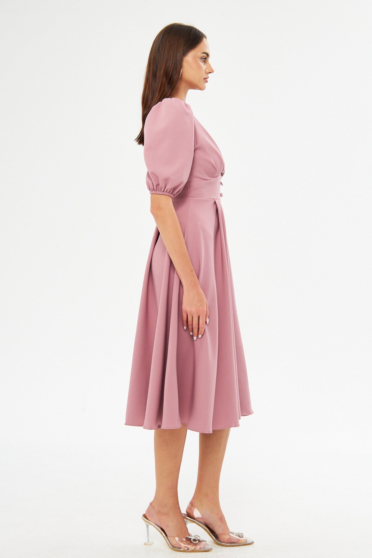 Midi Balloon Sleeve V-Neck Corset Detail Evening Dress - Dark Dusty Rose - Bidoluelbise
