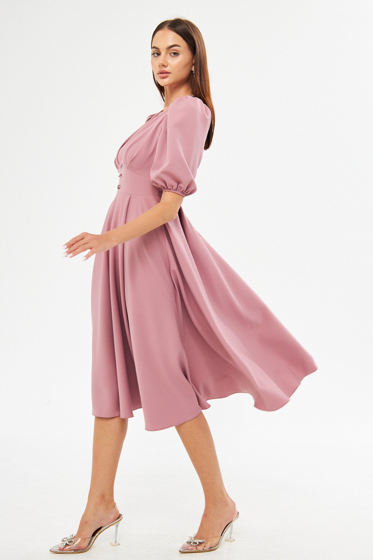 Midi Balloon Sleeve V-Neck Corset Detail Evening Dress - Dark Dusty Rose - Bidoluelbise