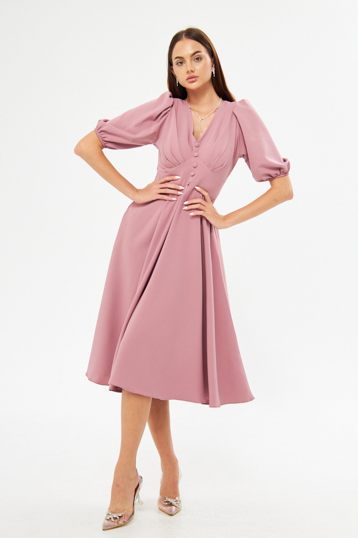 Midi Balloon Sleeve V-Neck Corset Detail Evening Dress - Dark Dusty Rose - Bidoluelbise