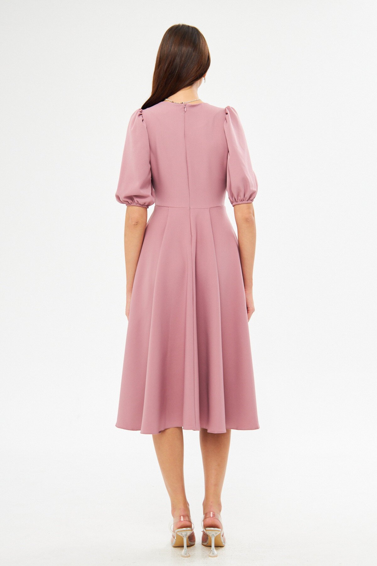 Midi Balloon Sleeve V-Neck Corset Detail Evening Dress - Dark Dusty Rose - Bidoluelbise