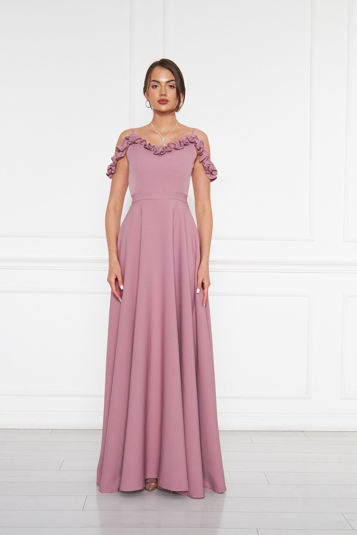 Long Strapless Flared Ruffle-Detail Adjustable-Strap Evening Dress - Dark Dusty Rose - Bidoluelbise
