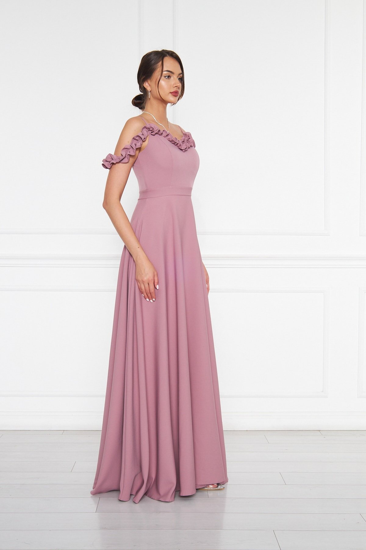 Long Strapless Flared Ruffle-Detail Adjustable-Strap Evening Dress - Dark Dusty Rose - Bidoluelbise