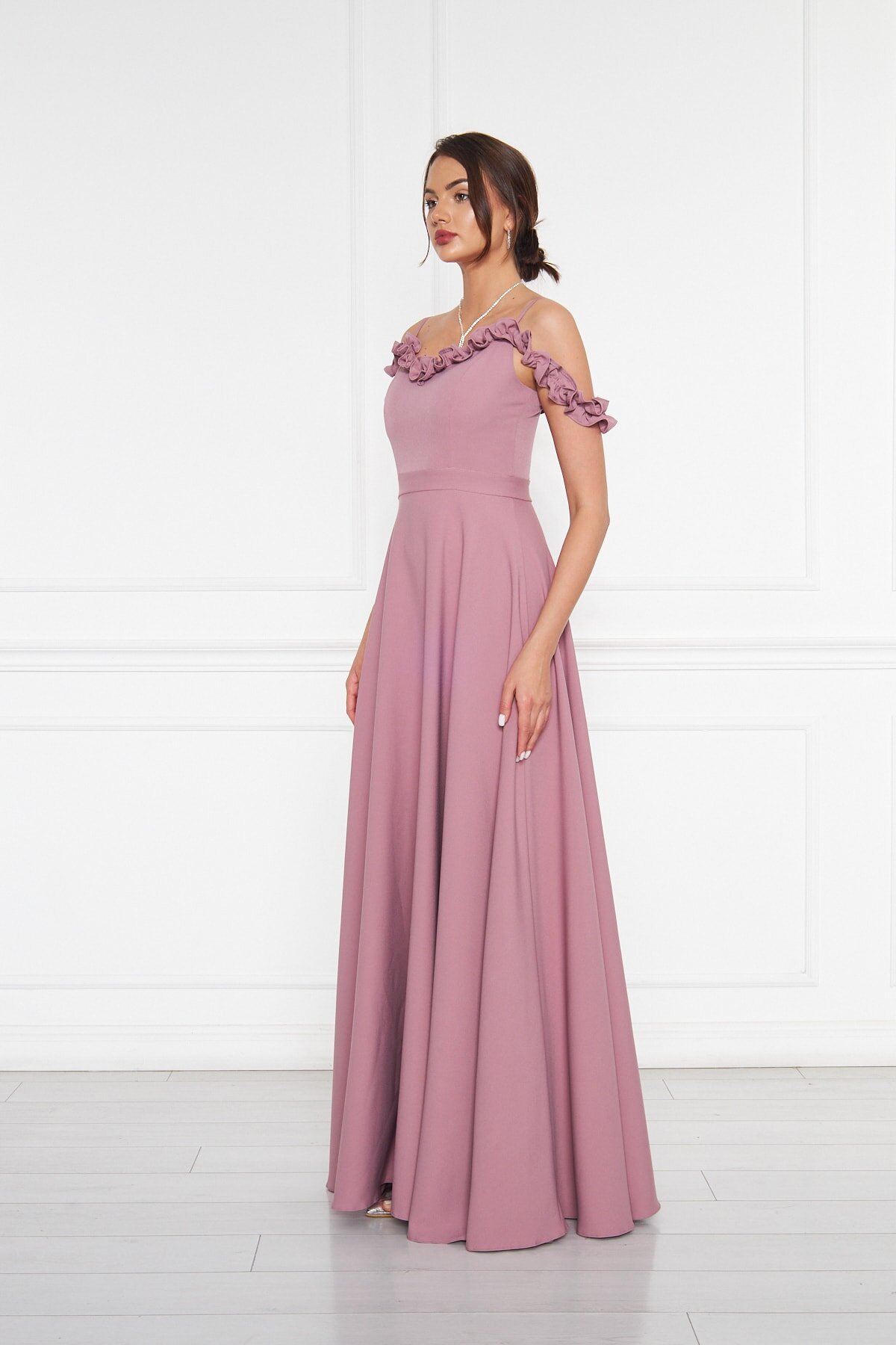 Long Strapless Flared Ruffle-Detail Adjustable-Strap Evening Dress - Dark Dusty Rose - Bidoluelbise