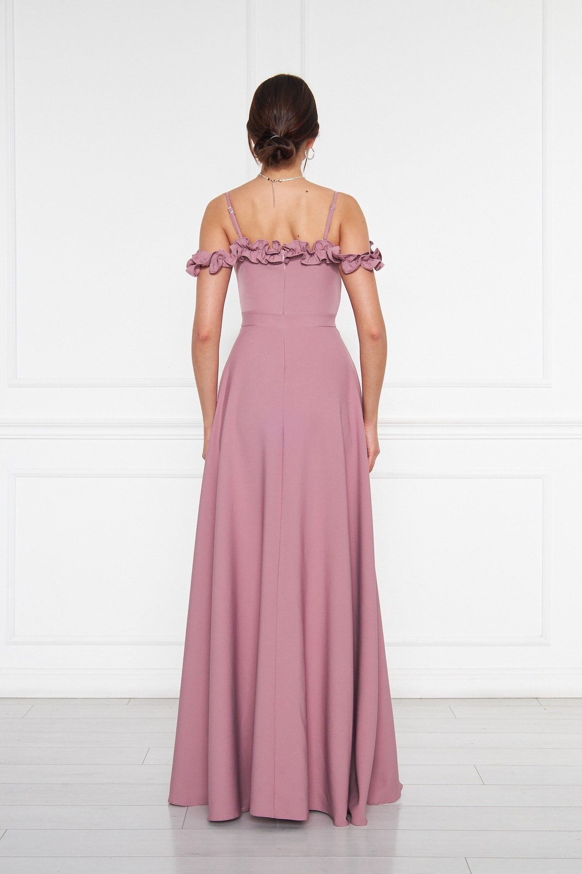Long Strapless Flared Ruffle-Detail Adjustable-Strap Evening Dress - Dark Dusty Rose - Bidoluelbise