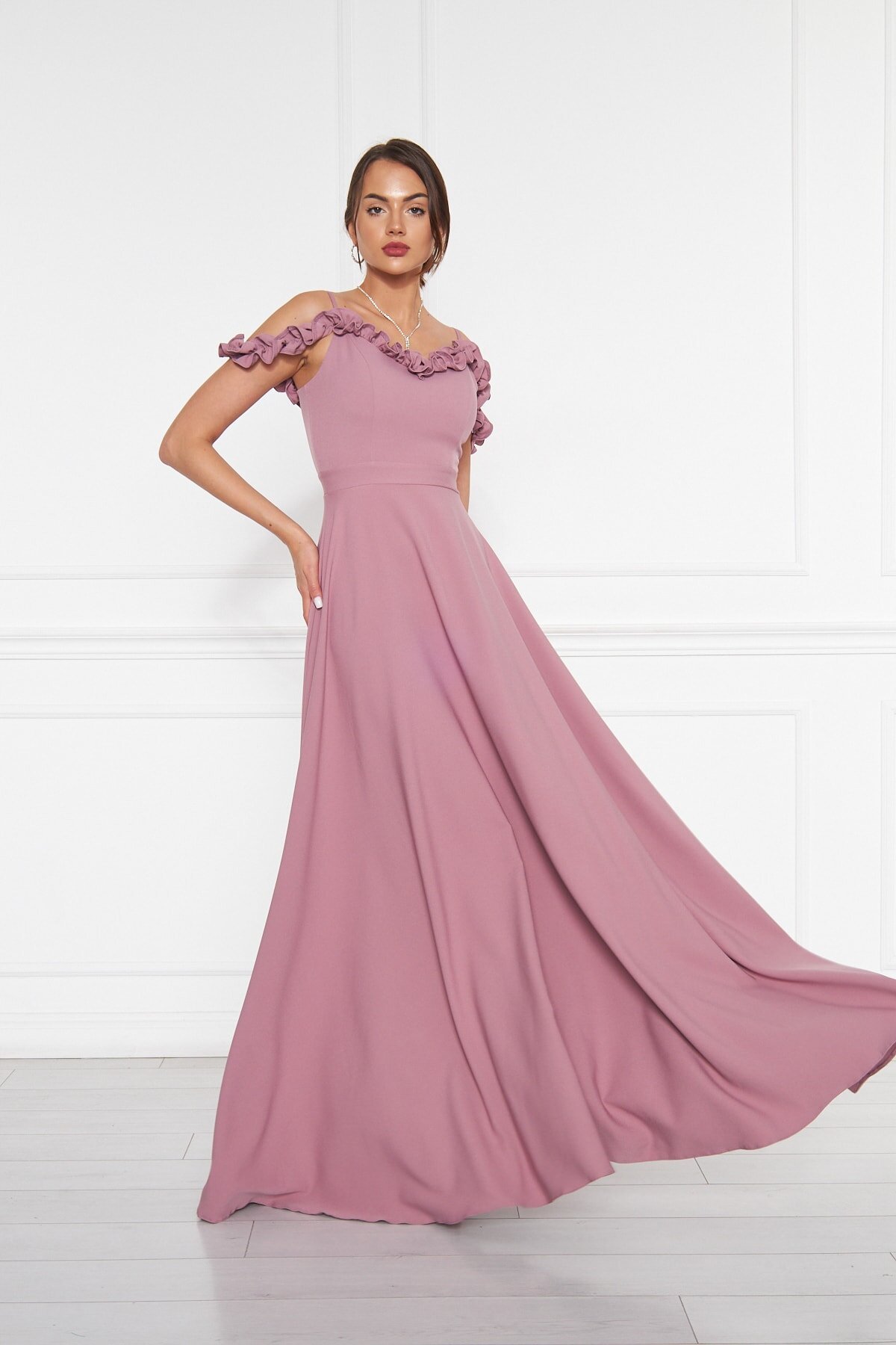 Long Strapless Flared Ruffle-Detail Adjustable-Strap Evening Dress - Dark Dusty Rose - Bidoluelbise