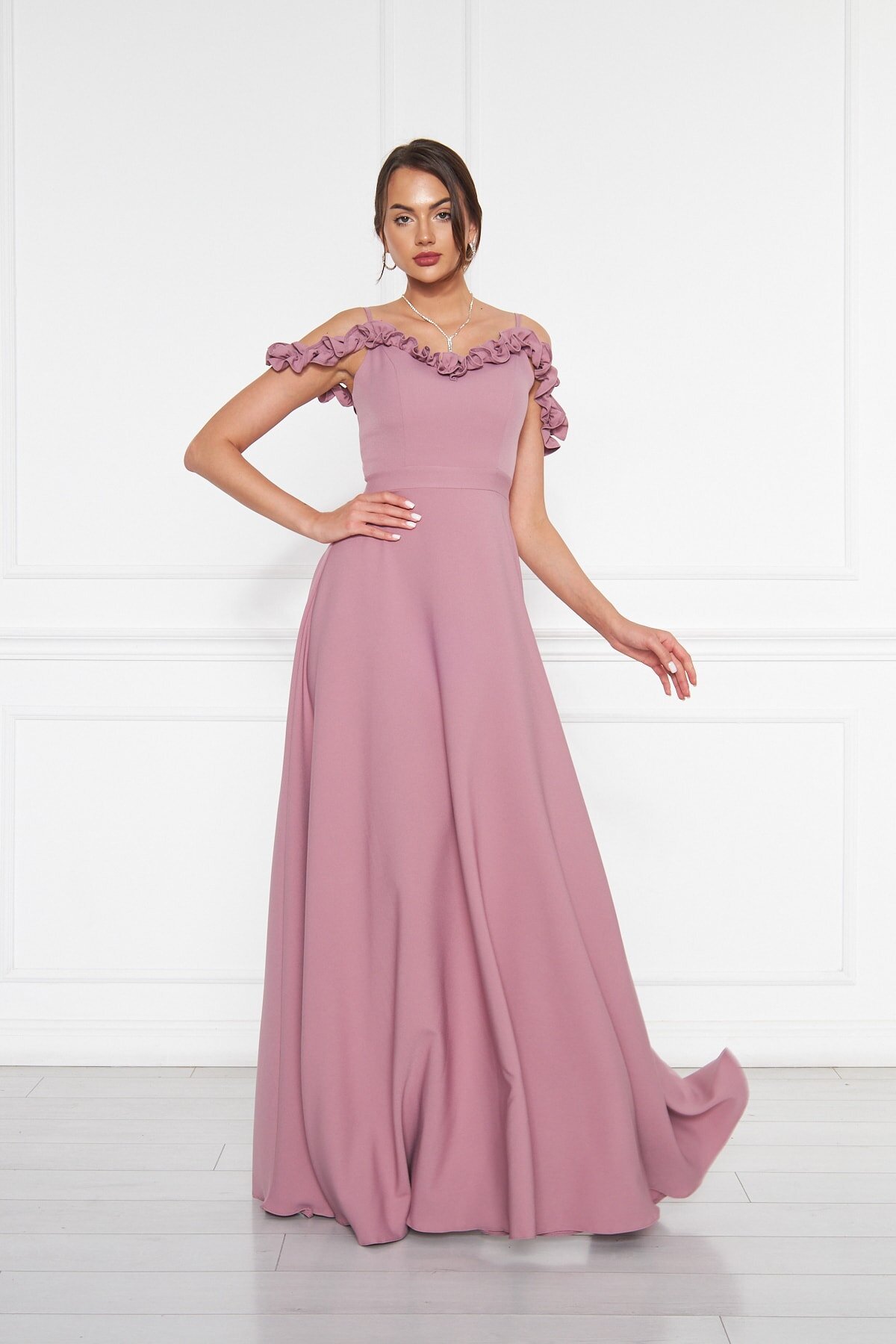 Long Strapless Flared Ruffle-Detail Adjustable-Strap Evening Dress - Dark Dusty Rose - Bidoluelbise