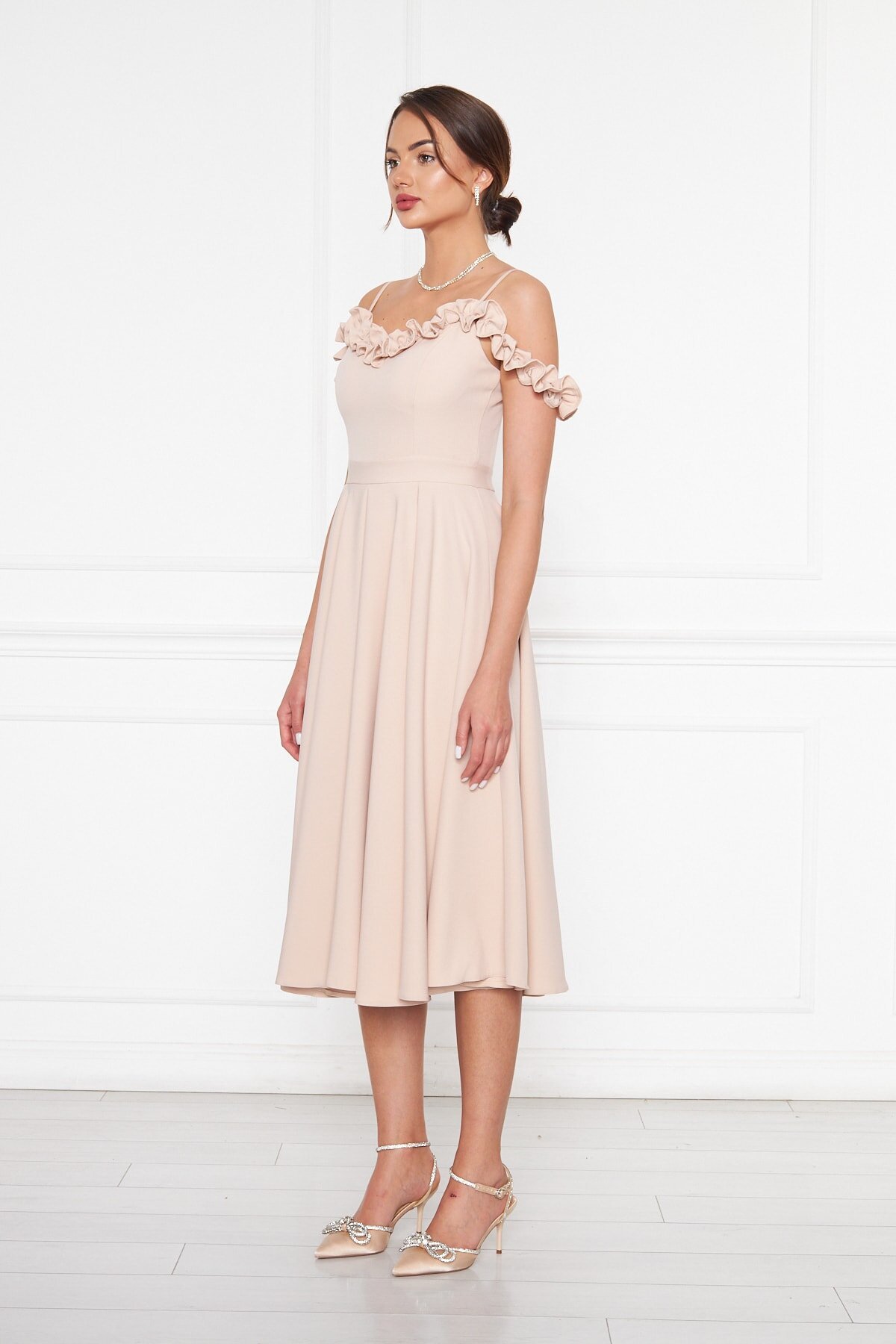 Midi Flared Ruffle Detail Adjustable Strap Evening Dress - Cream - Bidoluelbise