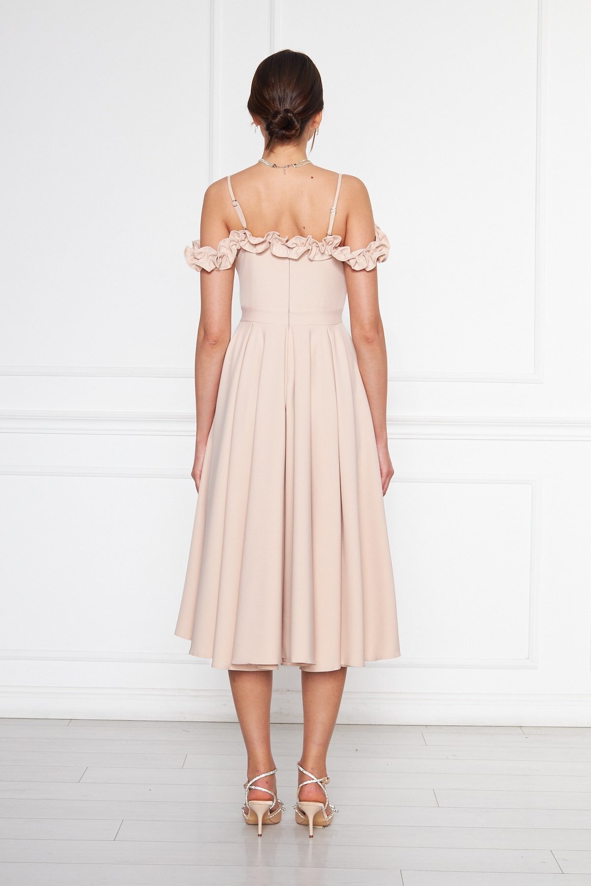 Midi Flared Ruffle Detail Adjustable Strap Evening Dress - Cream - Bidoluelbise