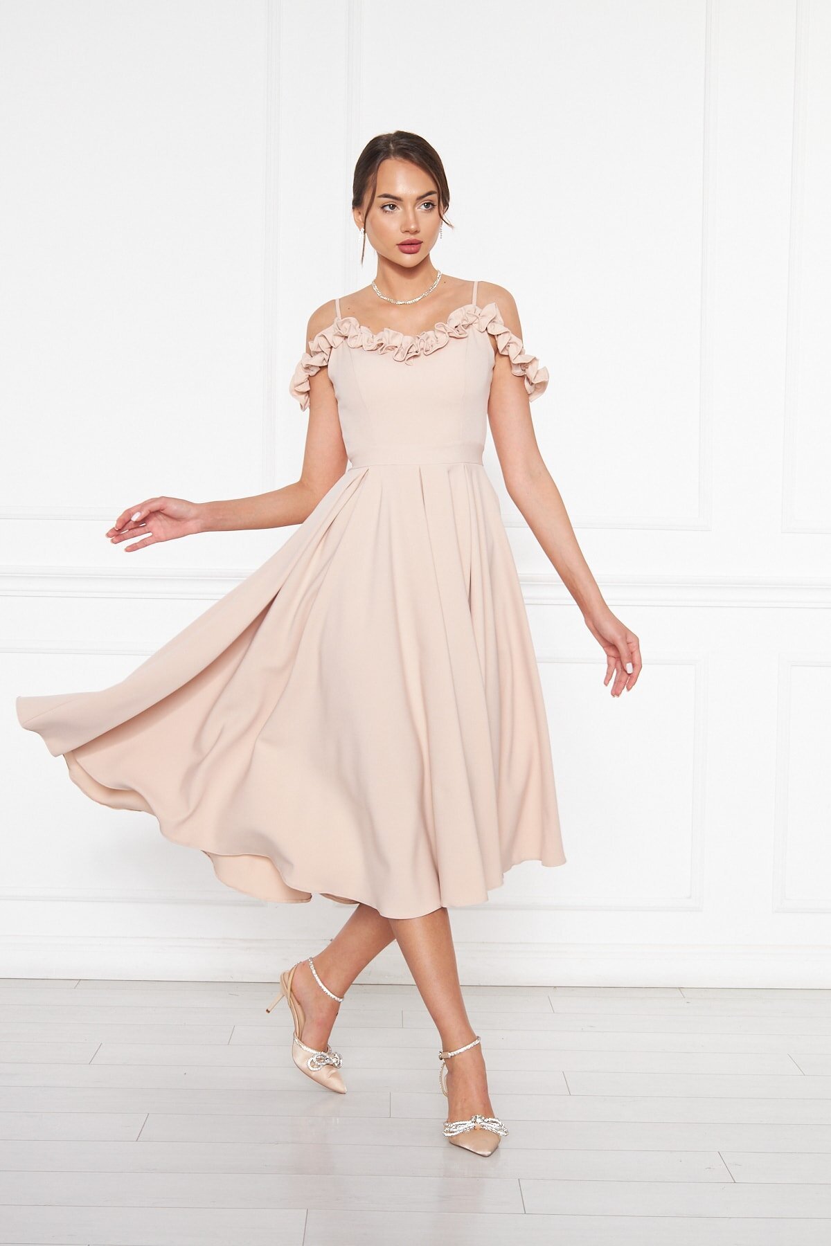 Midi Flared Ruffle Detail Adjustable Strap Evening Dress - Cream - Bidoluelbise