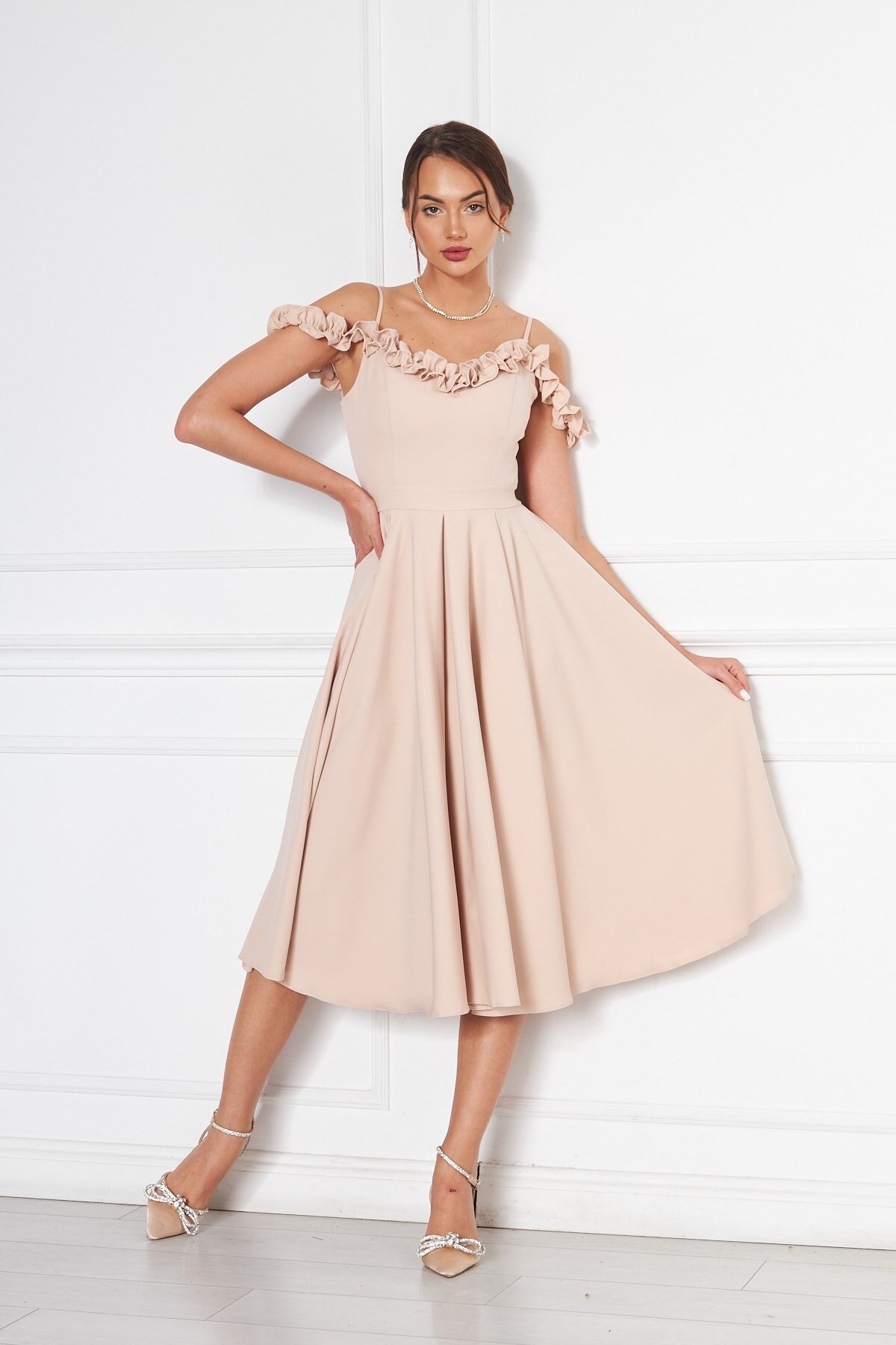 Midi Flared Ruffle Detail Adjustable Strap Evening Dress - Cream - Bidoluelbise