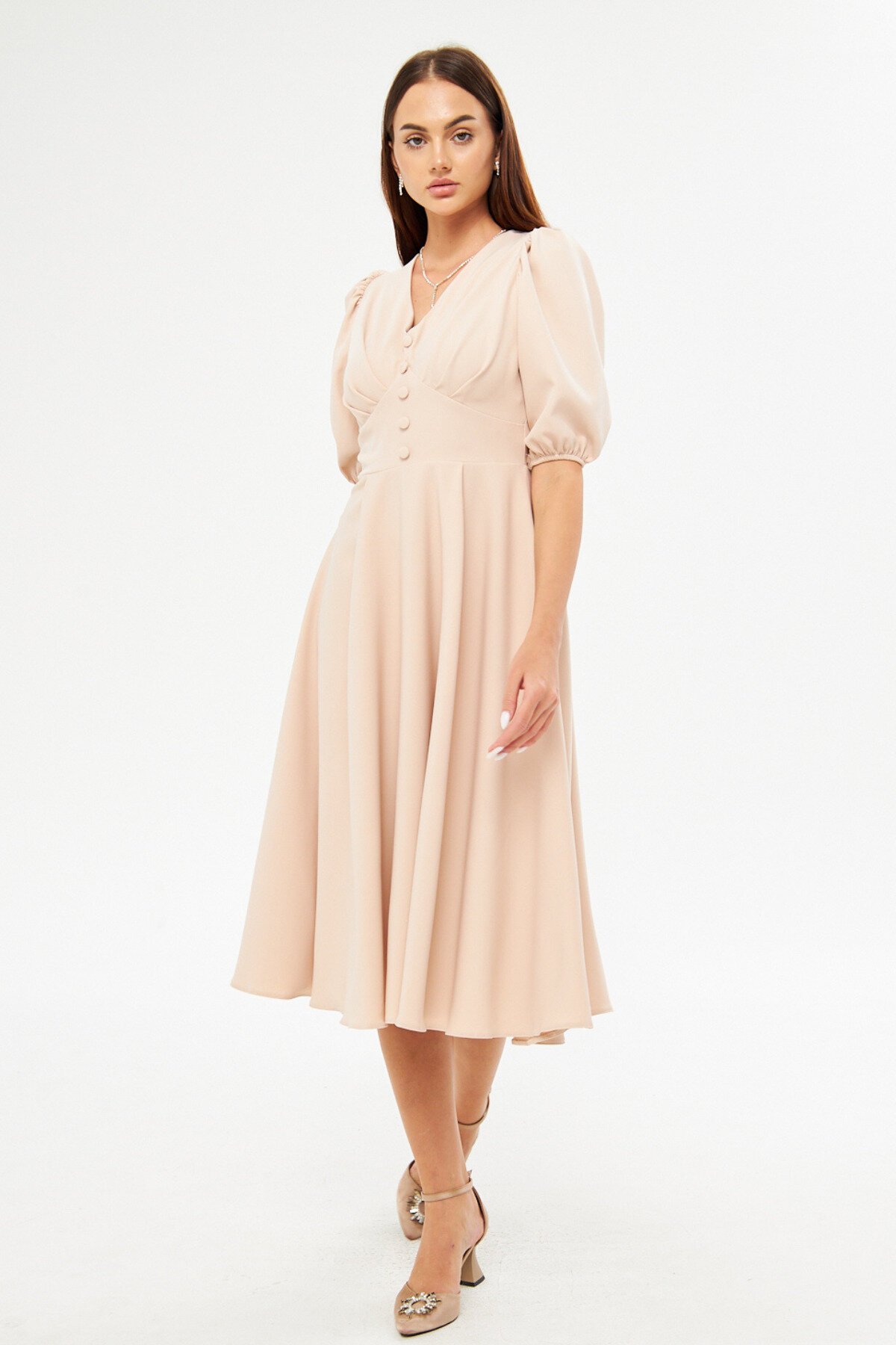 Midi Drapey V-Neck Balloon Sleeve Woven Chest Pleated Decorative Button Corsage Belted Evening Dress - Cream - Bidoluelbise