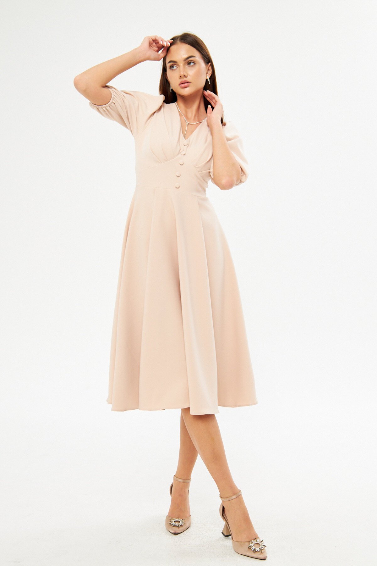 Midi Drapey V-Neck Balloon Sleeve Woven Chest Pleated Decorative Button Corsage Belted Evening Dress - Cream - Bidoluelbise