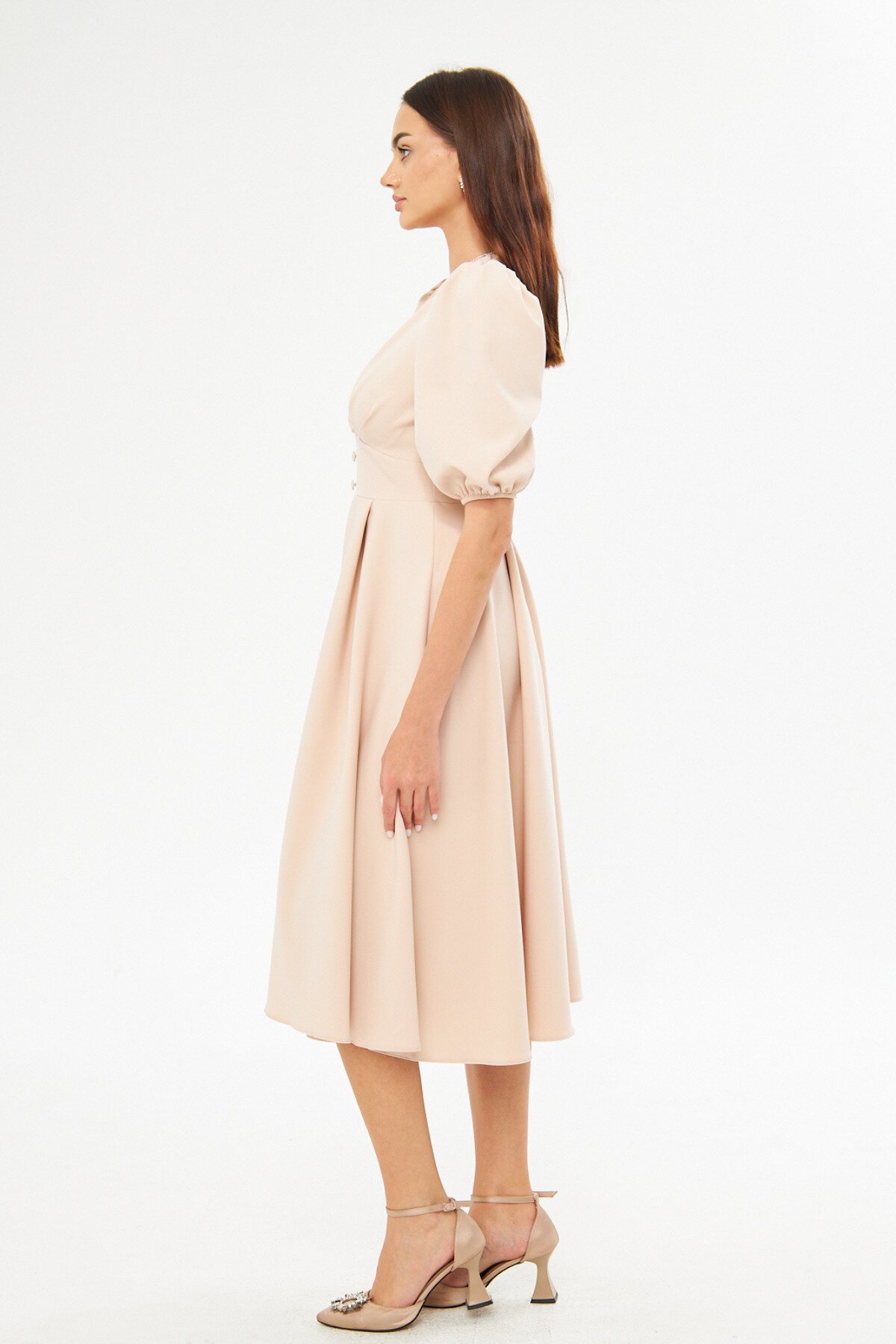 Midi Drapey V-Neck Balloon Sleeve Woven Chest Pleated Decorative Button Corsage Belted Evening Dress - Cream - Bidoluelbise