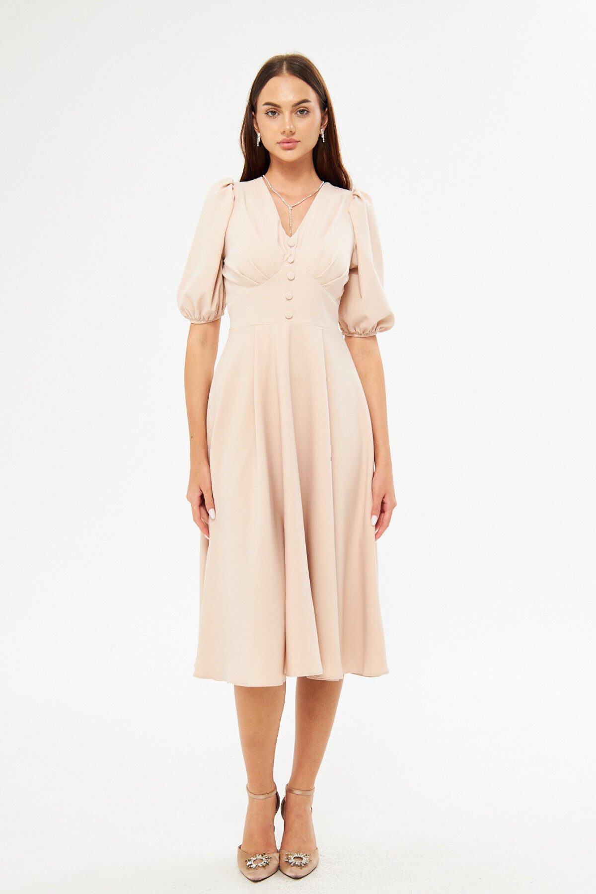 Midi Drapey V-Neck Balloon Sleeve Woven Chest Pleated Decorative Button Corsage Belted Evening Dress - Cream - Bidoluelbise
