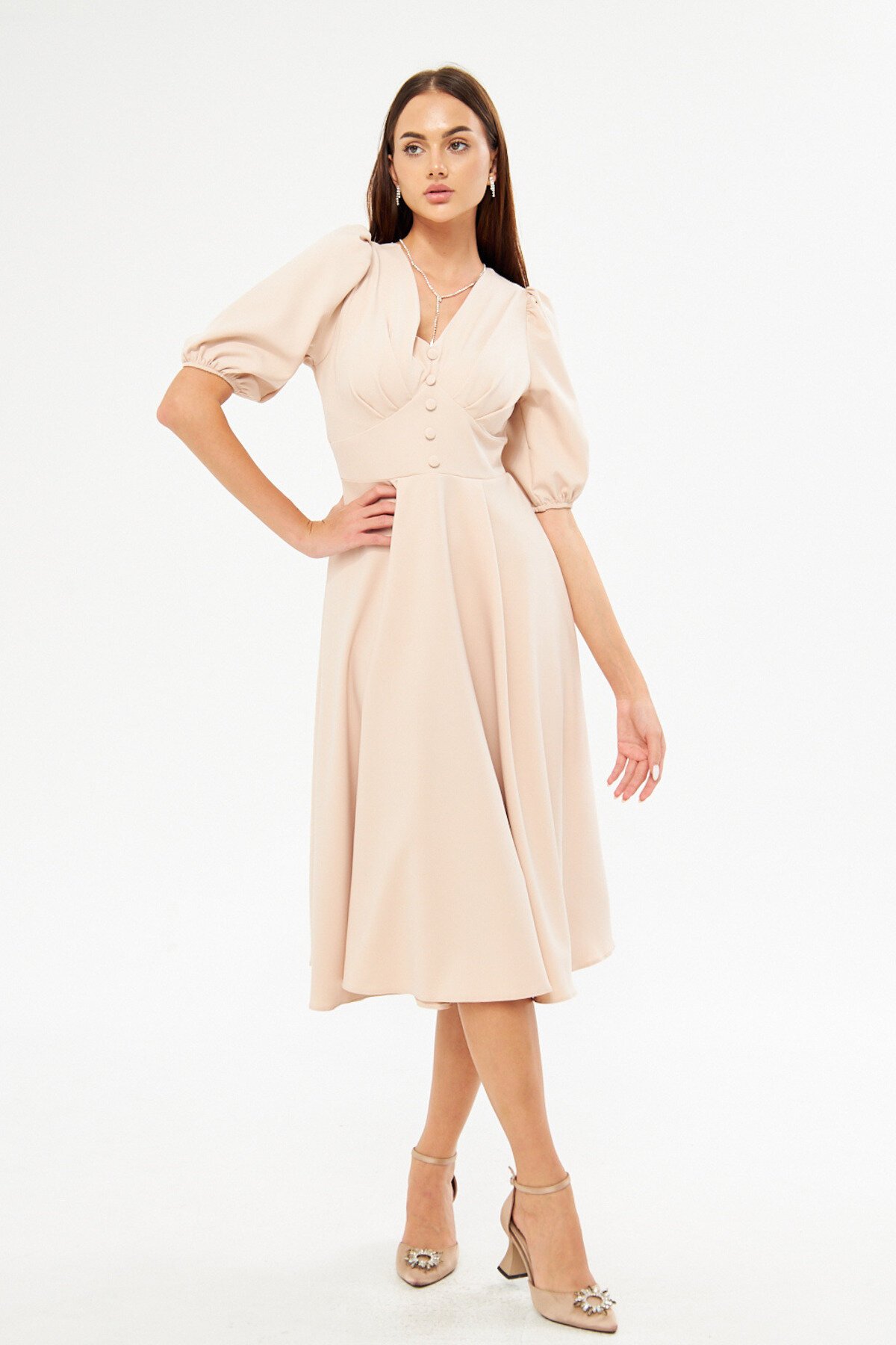 Midi Drapey V-Neck Balloon Sleeve Woven Chest Pleated Decorative Button Corsage Belted Evening Dress - Cream - Bidoluelbise