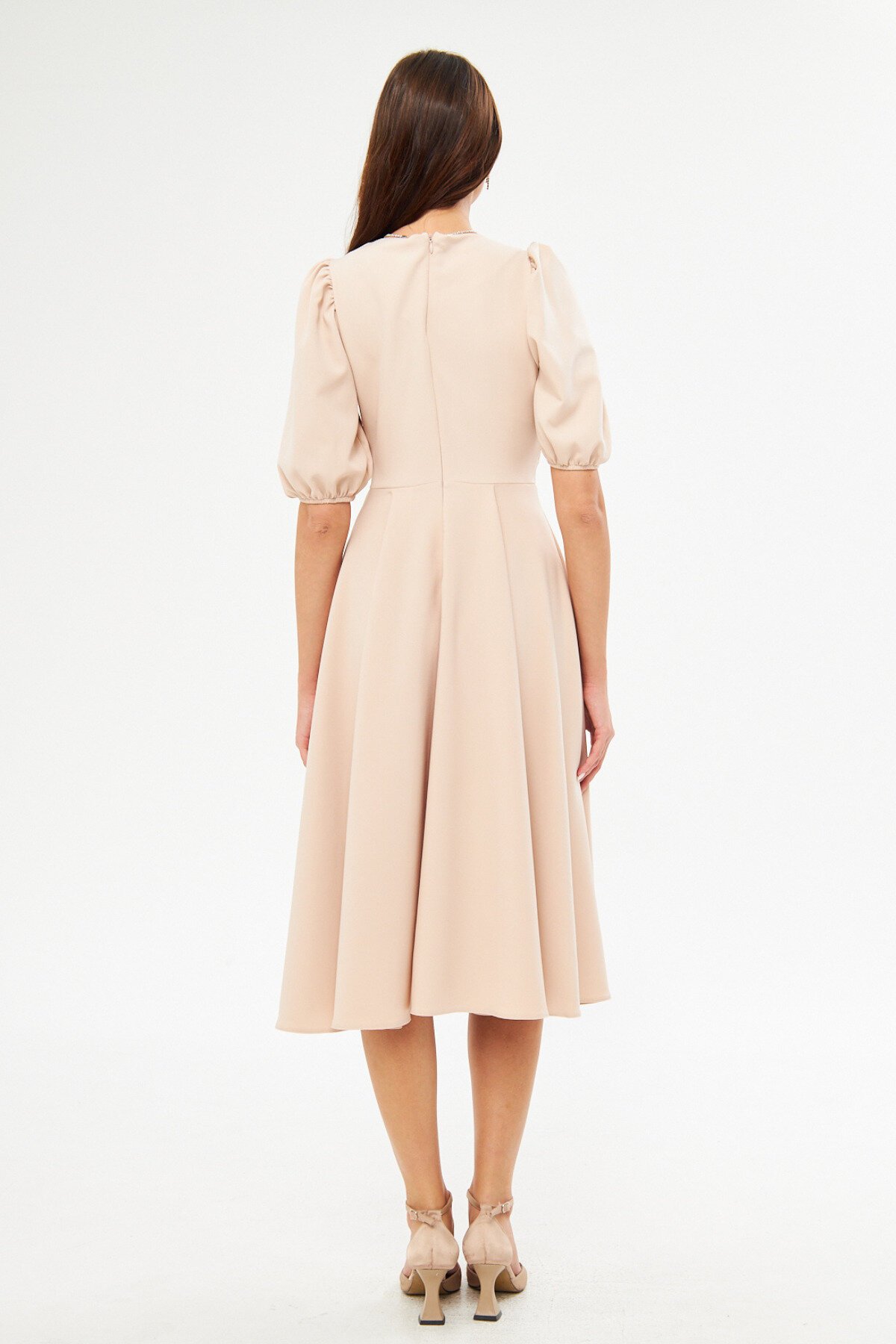 Midi Drapey V-Neck Balloon Sleeve Woven Chest Pleated Decorative Button Corsage Belted Evening Dress - Cream - Bidoluelbise