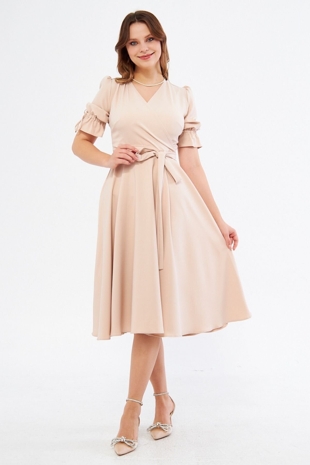 Midi Short-Sleeve Ruched Wrap-Neck Belted Dress - Cream - Bidoluelbise