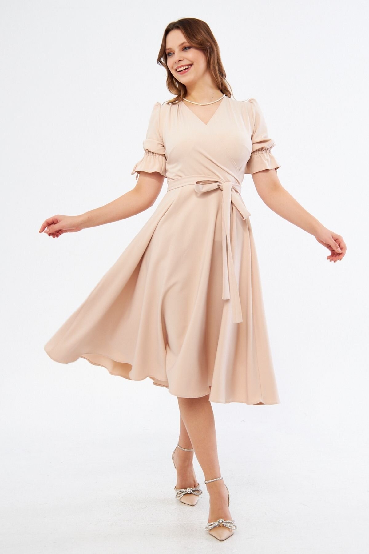 Midi Short-Sleeve Ruched Wrap-Neck Belted Dress - Cream - Bidoluelbise