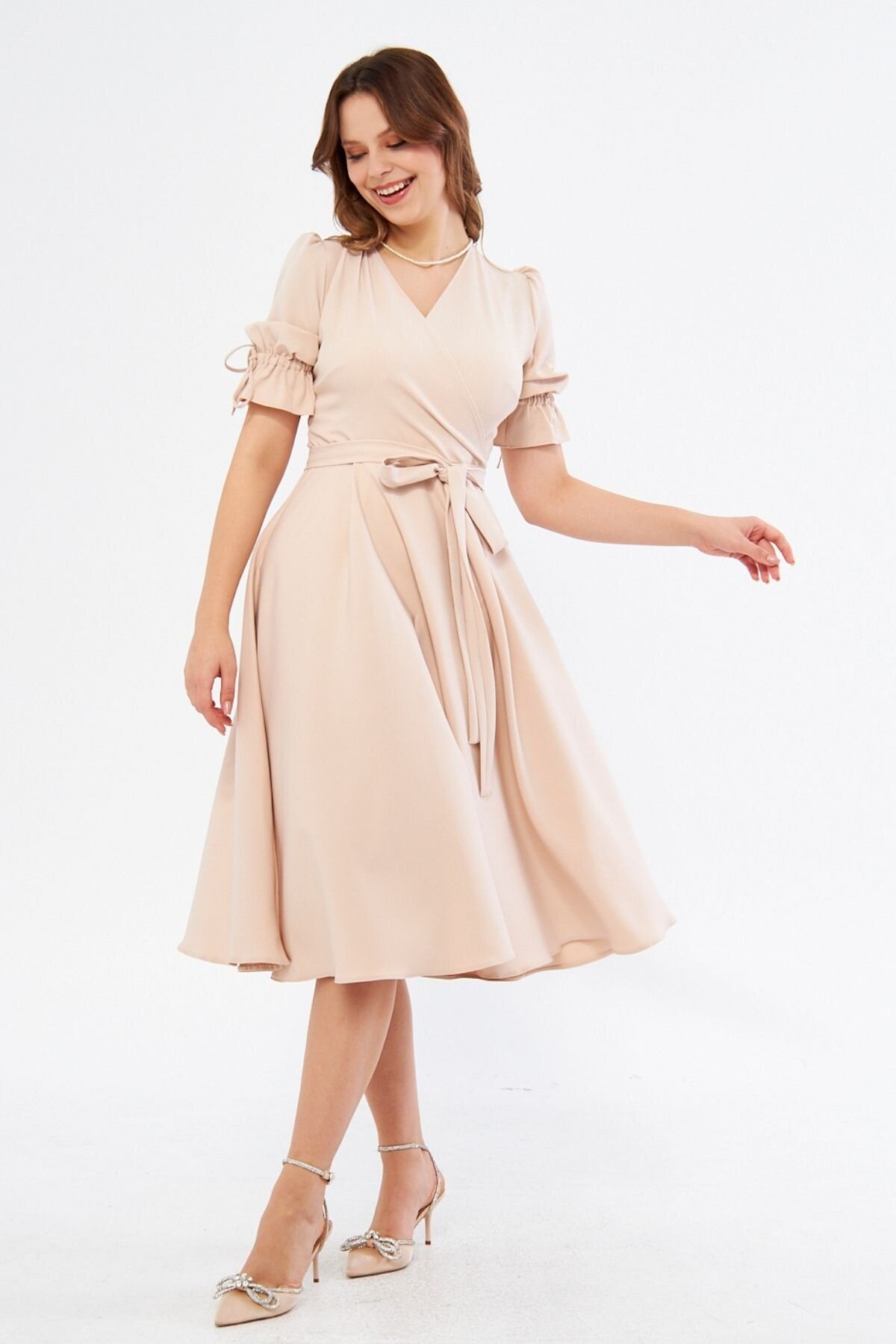 Midi Short-Sleeve Ruched Wrap-Neck Belted Dress - Cream - Bidoluelbise