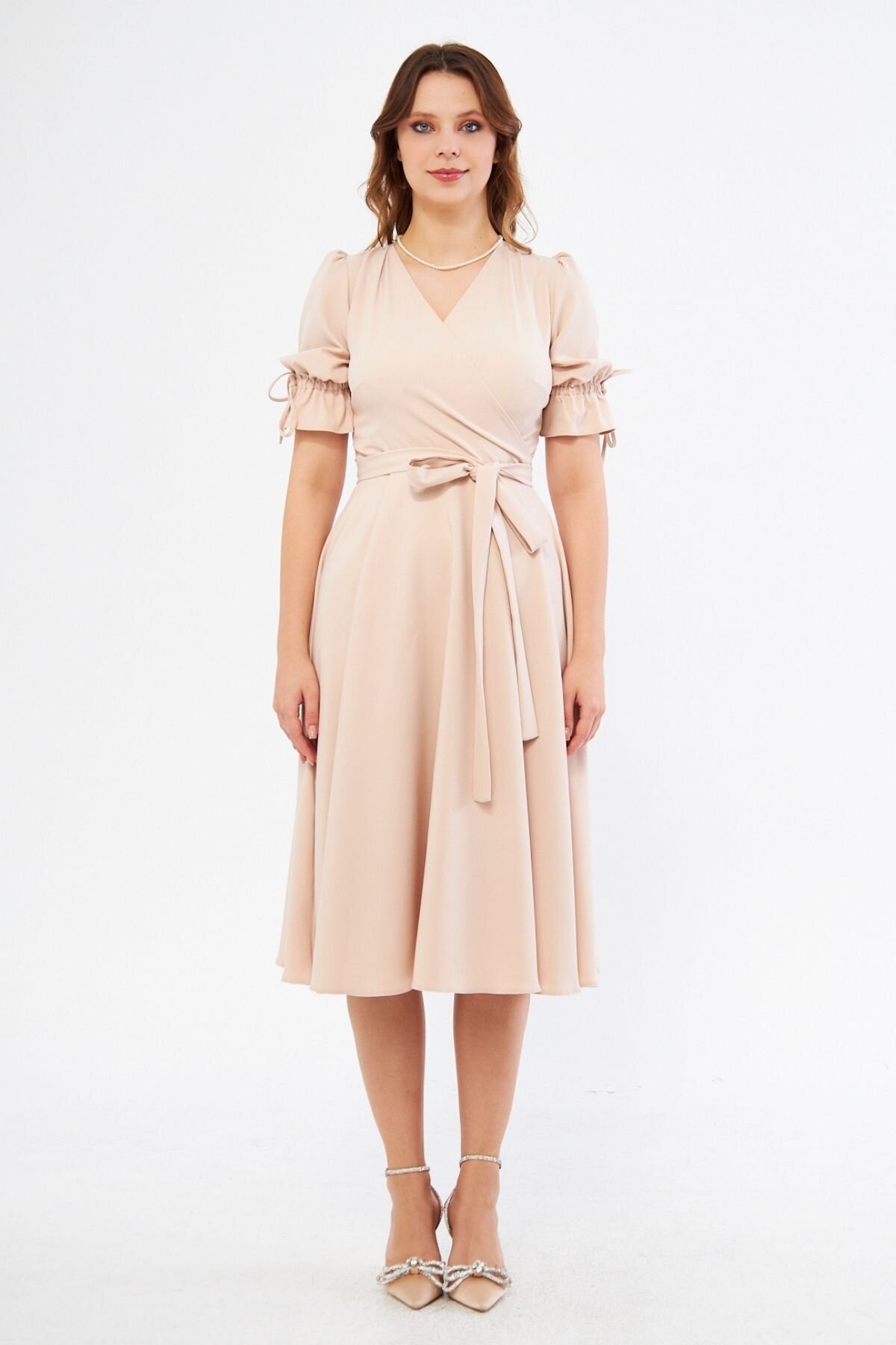 Midi Short-Sleeve Ruched Wrap-Neck Belted Dress - Cream - Bidoluelbise