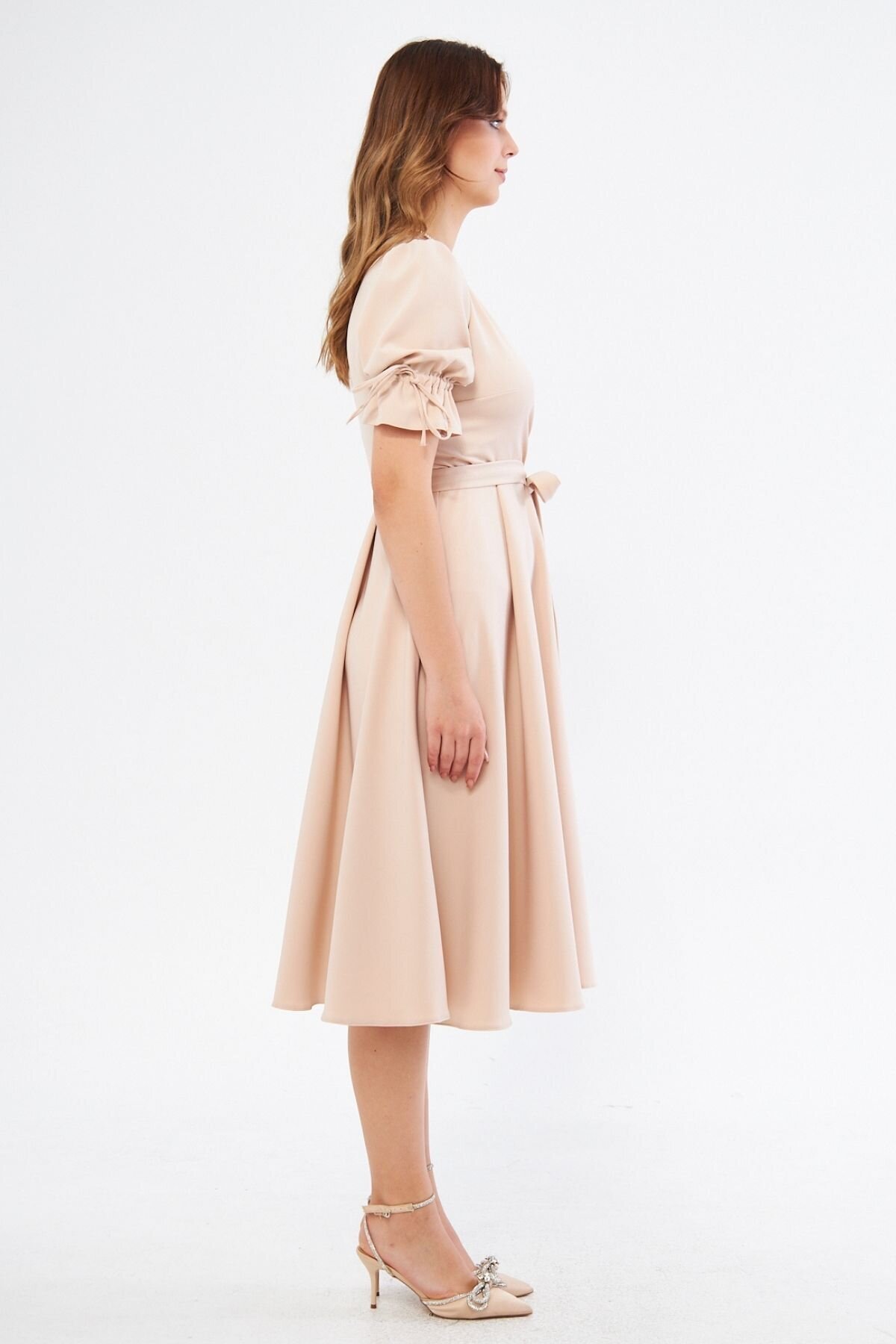 Midi Short-Sleeve Ruched Wrap-Neck Belted Dress - Cream - Bidoluelbise