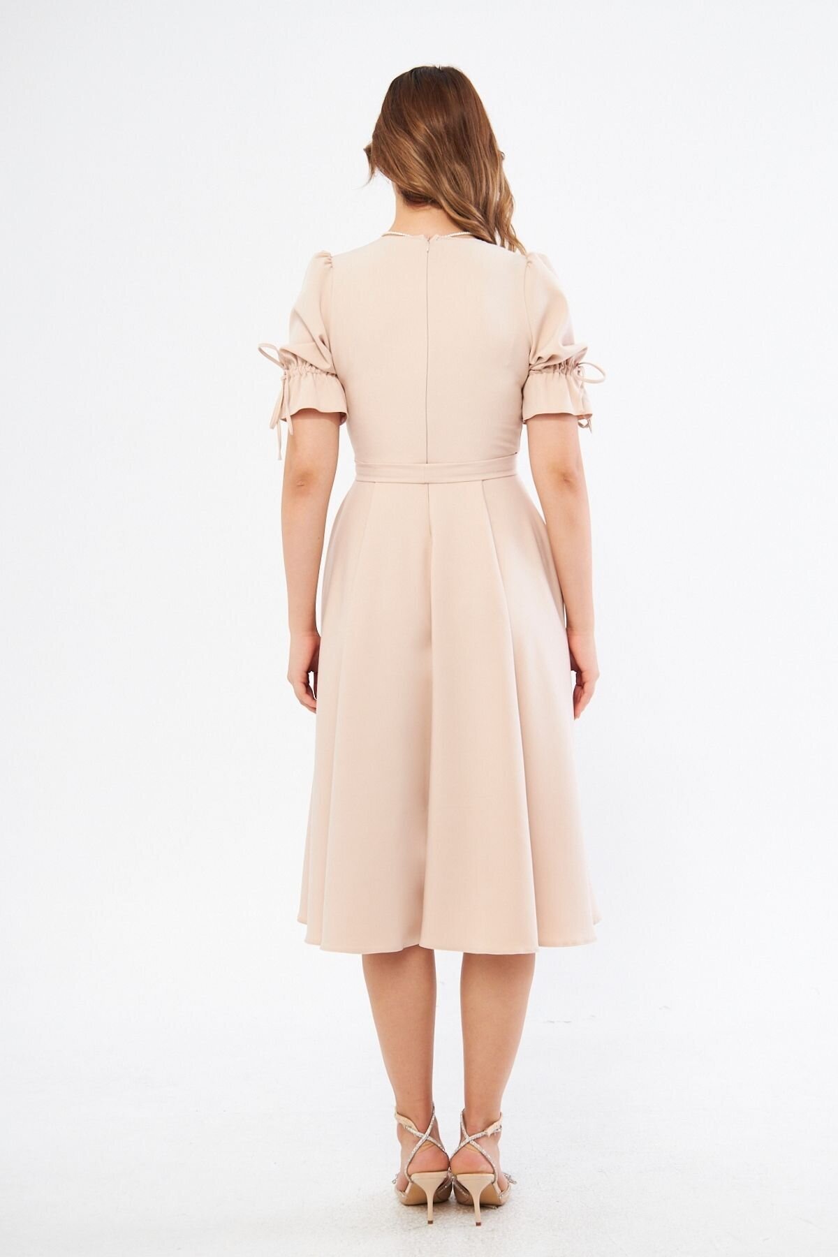 Midi Short-Sleeve Ruched Wrap-Neck Belted Dress - Cream - Bidoluelbise