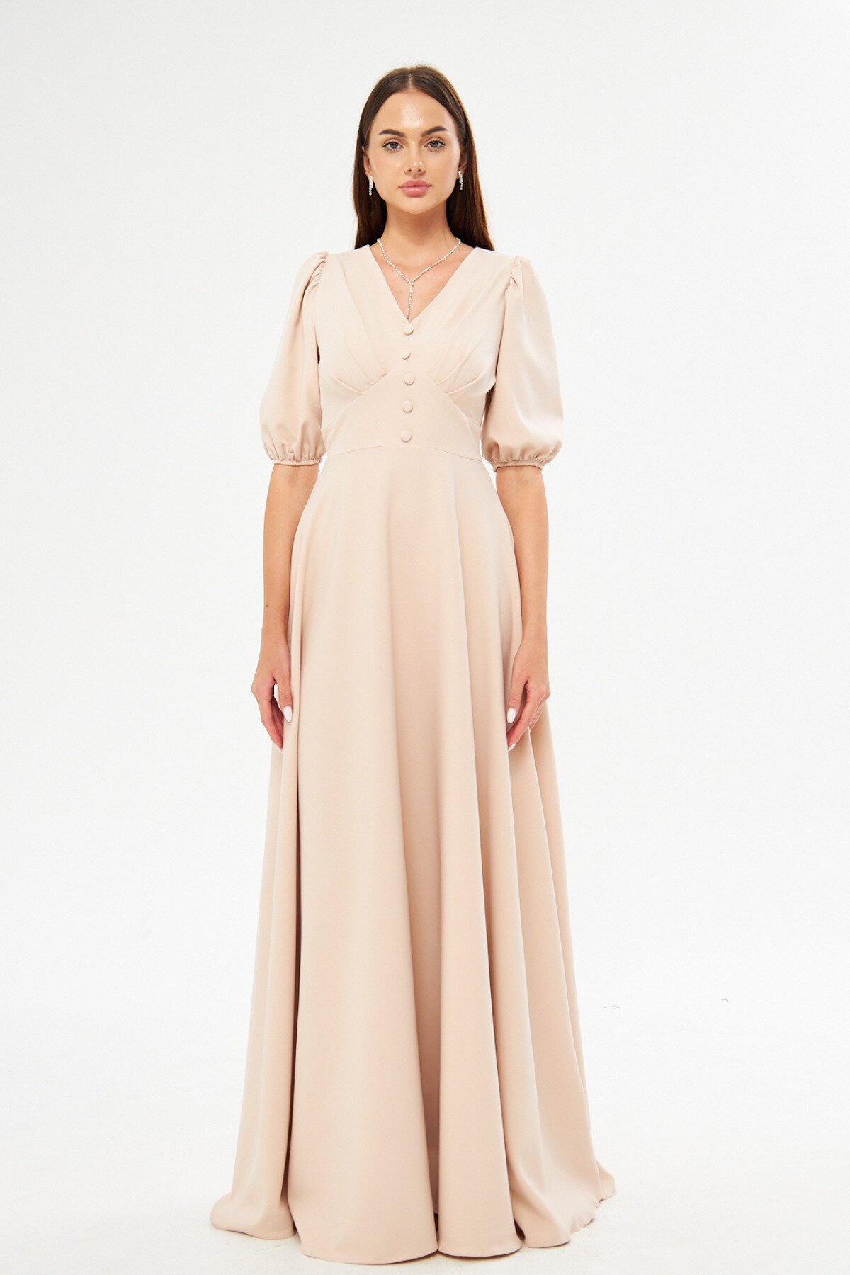 Long Balloon Sleeve V-Neck Corset Belt Detail Evening Dress - Cream - Bidoluelbise