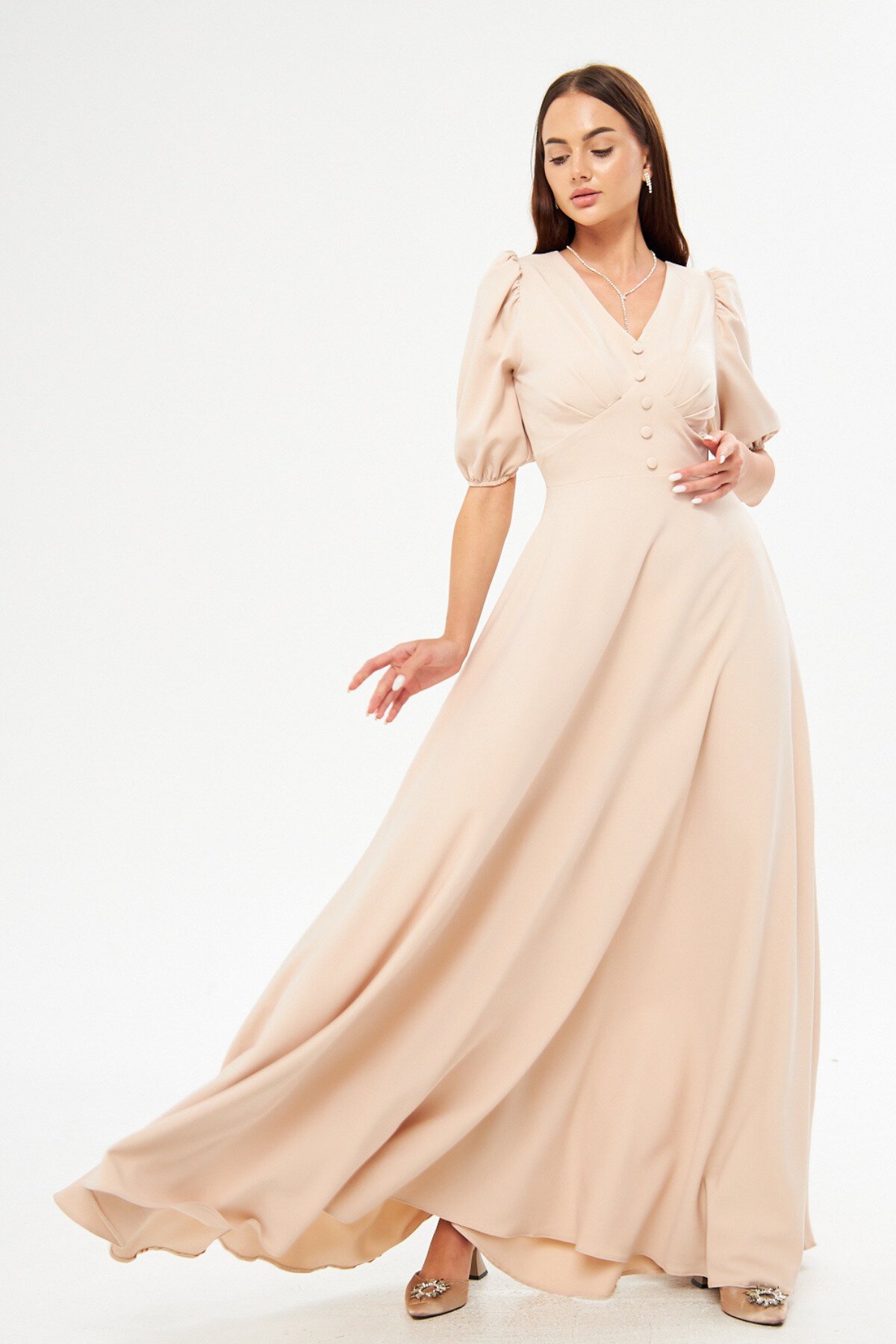Long Balloon Sleeve V-Neck Corset Belt Detail Evening Dress - Cream - Bidoluelbise