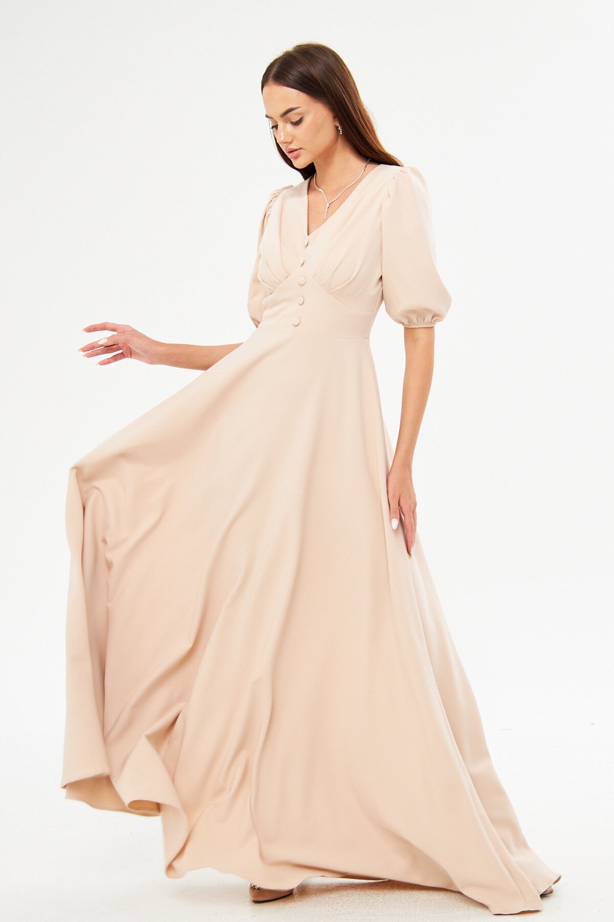 Long Balloon Sleeve V-Neck Corset Belt Detail Evening Dress - Cream - Bidoluelbise