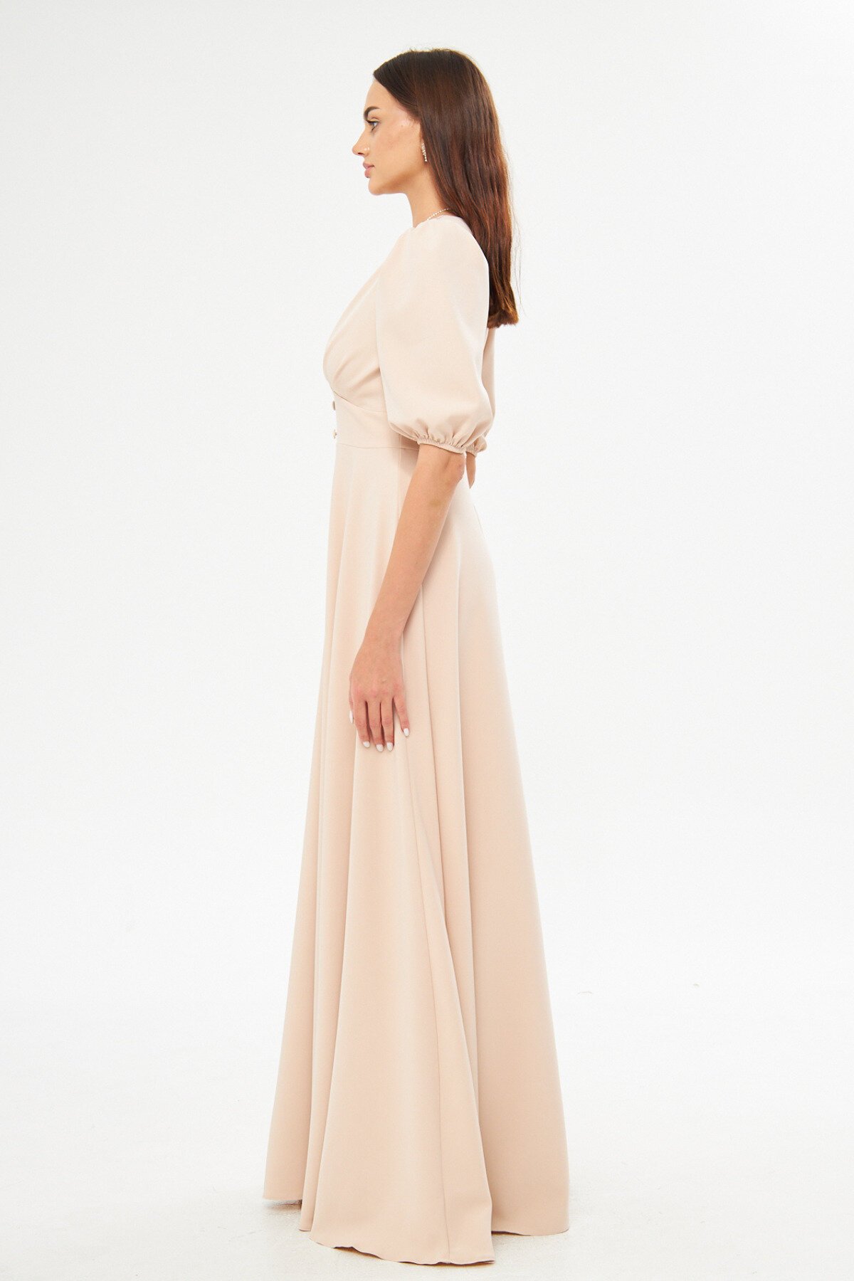 Long Balloon Sleeve V-Neck Corset Belt Detail Evening Dress - Cream - Bidoluelbise