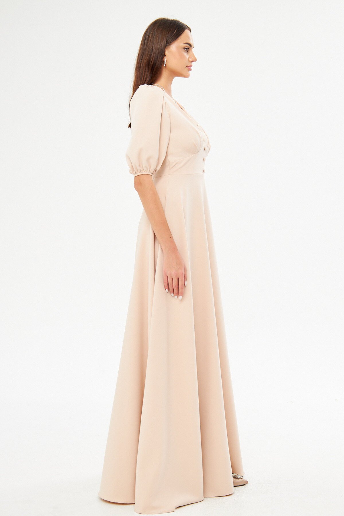Long Balloon Sleeve V-Neck Corset Belt Detail Evening Dress - Cream - Bidoluelbise