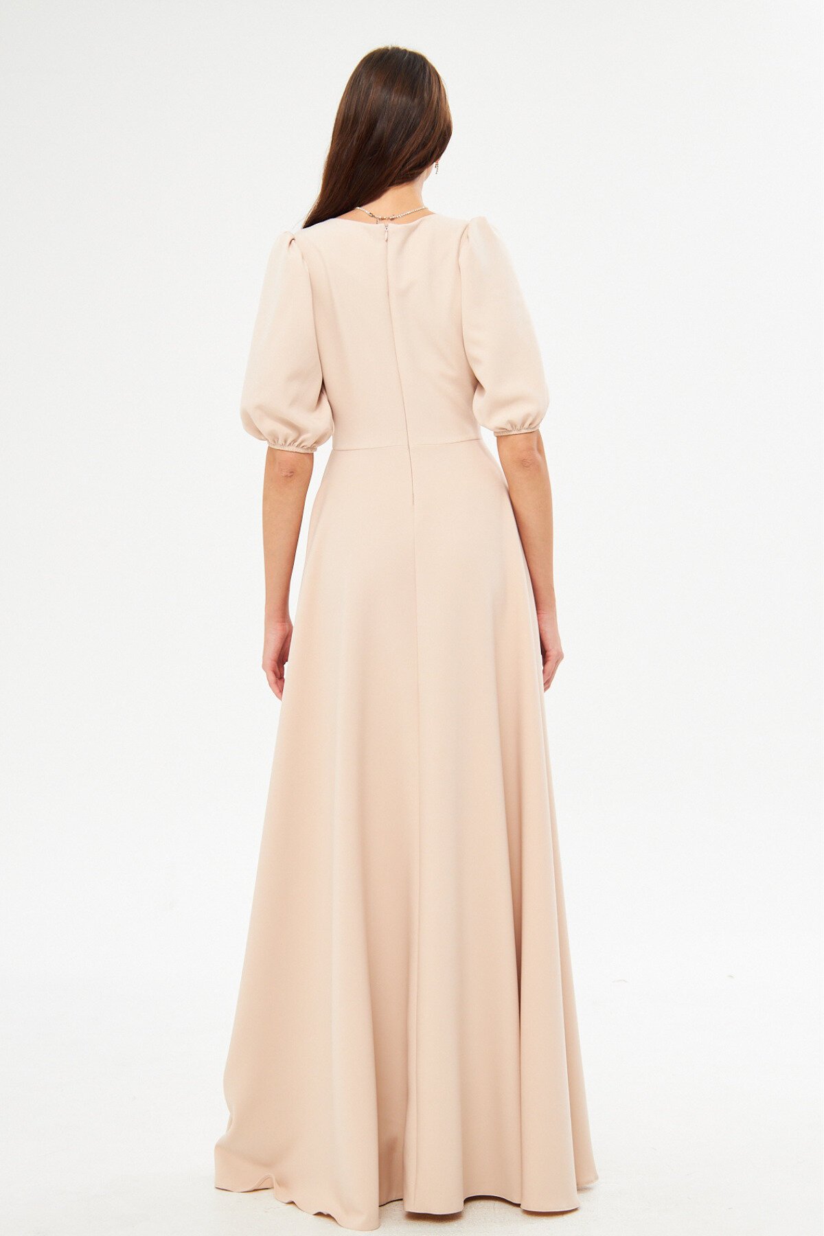Long Balloon Sleeve V-Neck Corset Belt Detail Evening Dress - Cream - Bidoluelbise