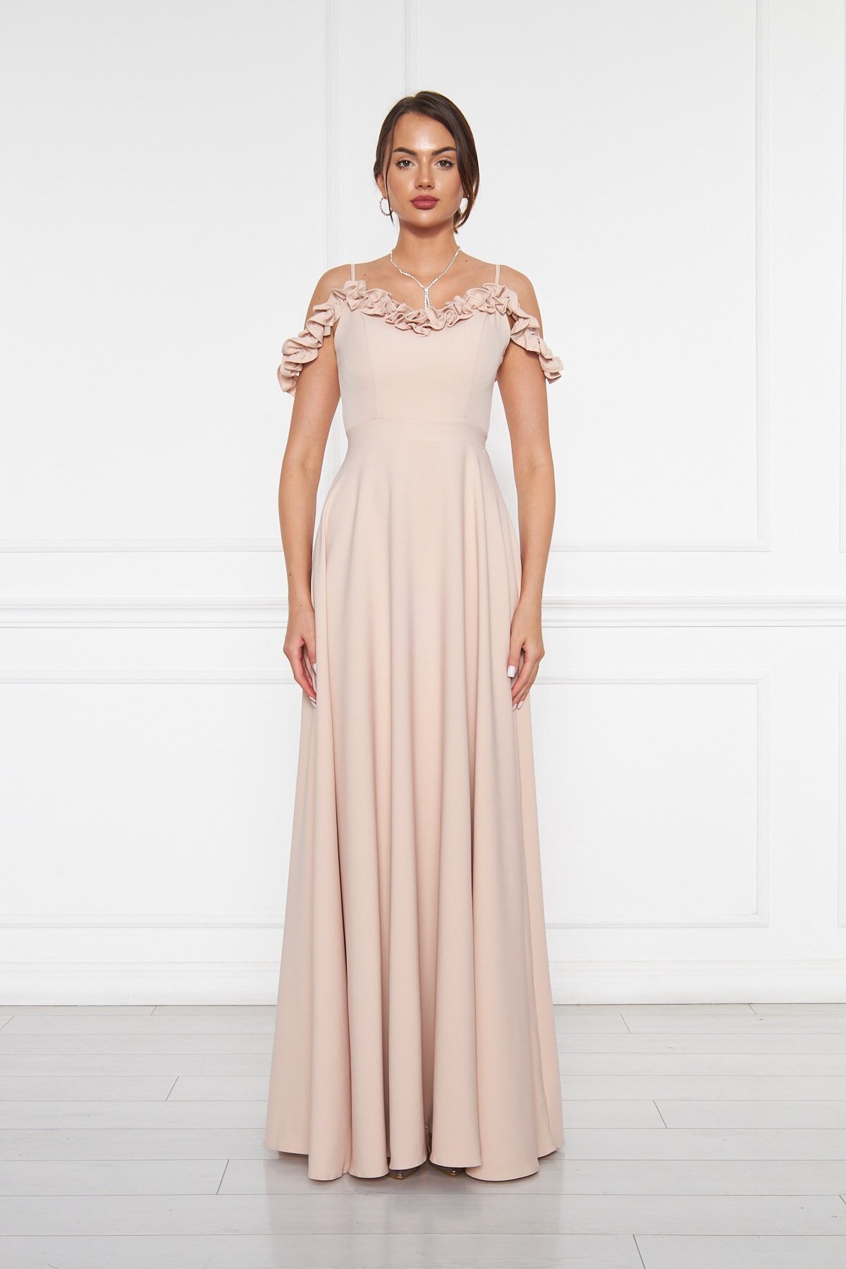 Long Flared Strapless Adjustable Strap Ruffle Detail Evening Gown - Cream - Bidoluelbise