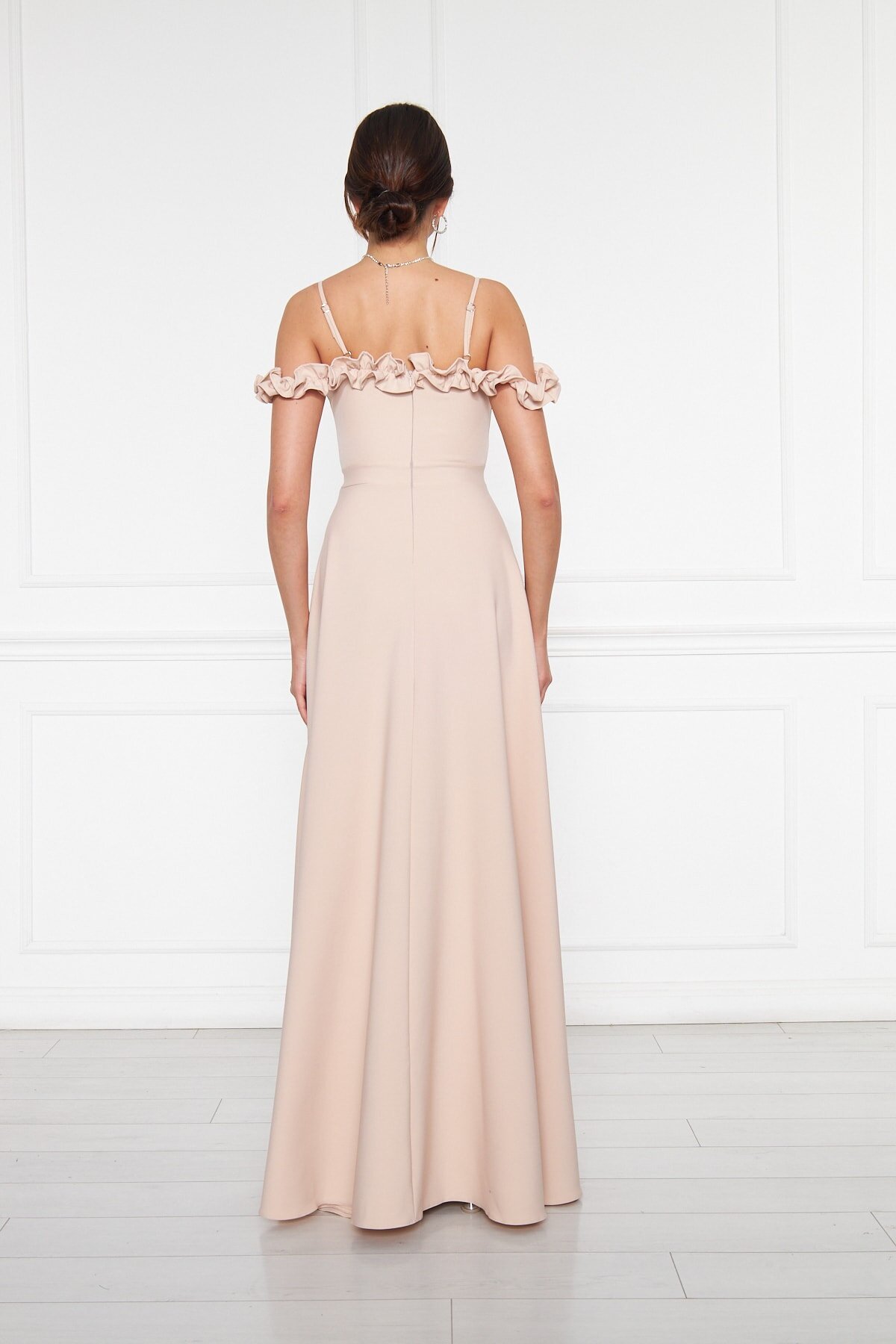 Long Flared Strapless Adjustable Strap Ruffle Detail Evening Gown - Cream - Bidoluelbise