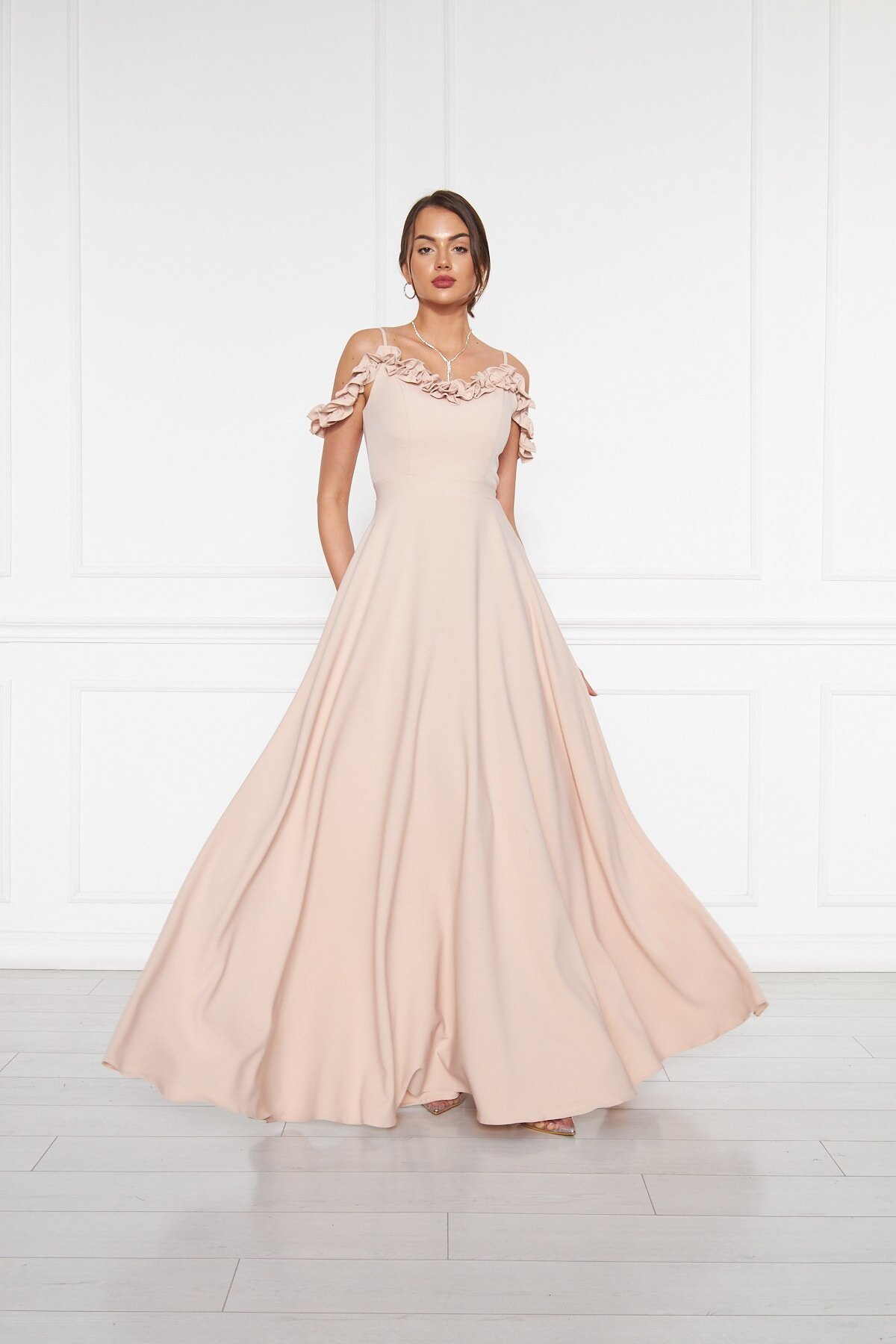 Long Flared Strapless Adjustable Strap Ruffle Detail Evening Gown - Cream - Bidoluelbise