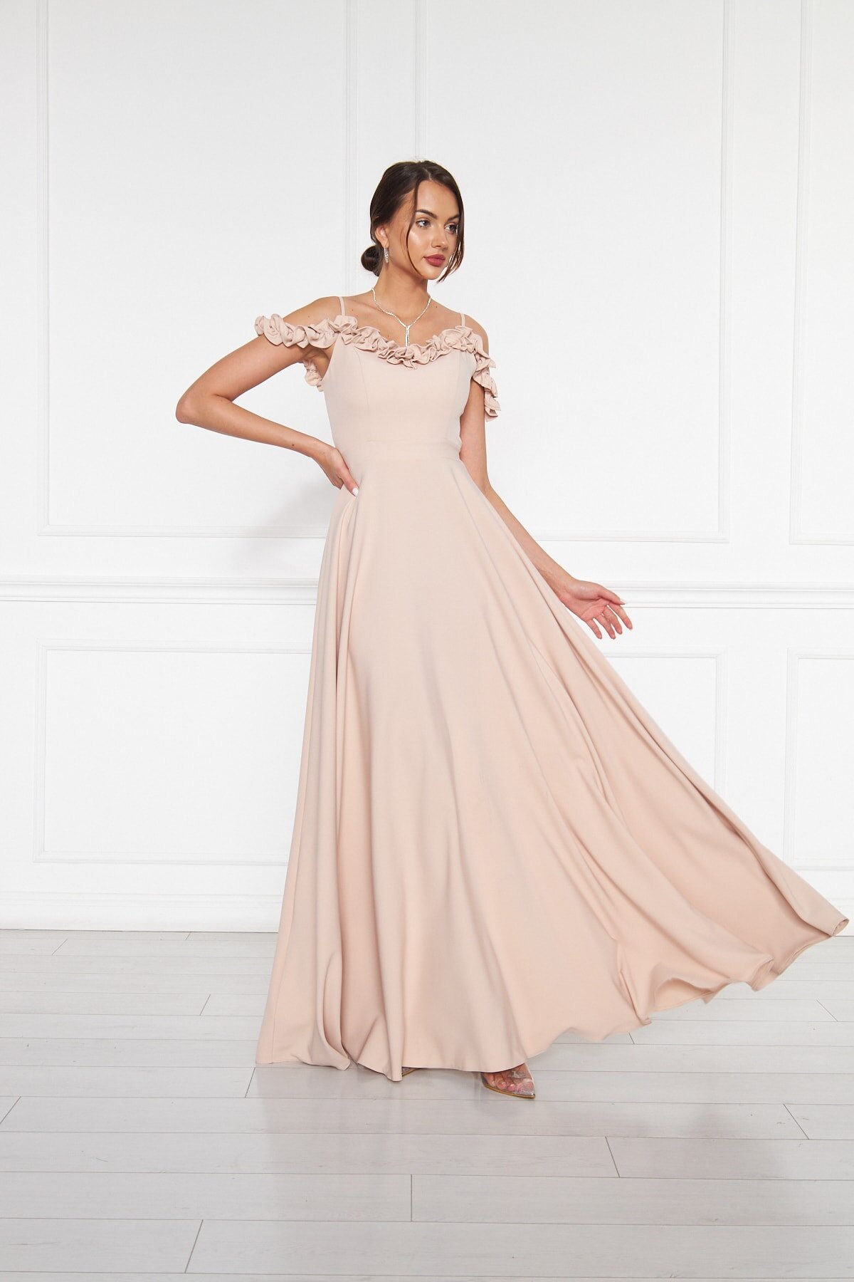 Long Flared Strapless Adjustable Strap Ruffle Detail Evening Gown - Cream - Bidoluelbise