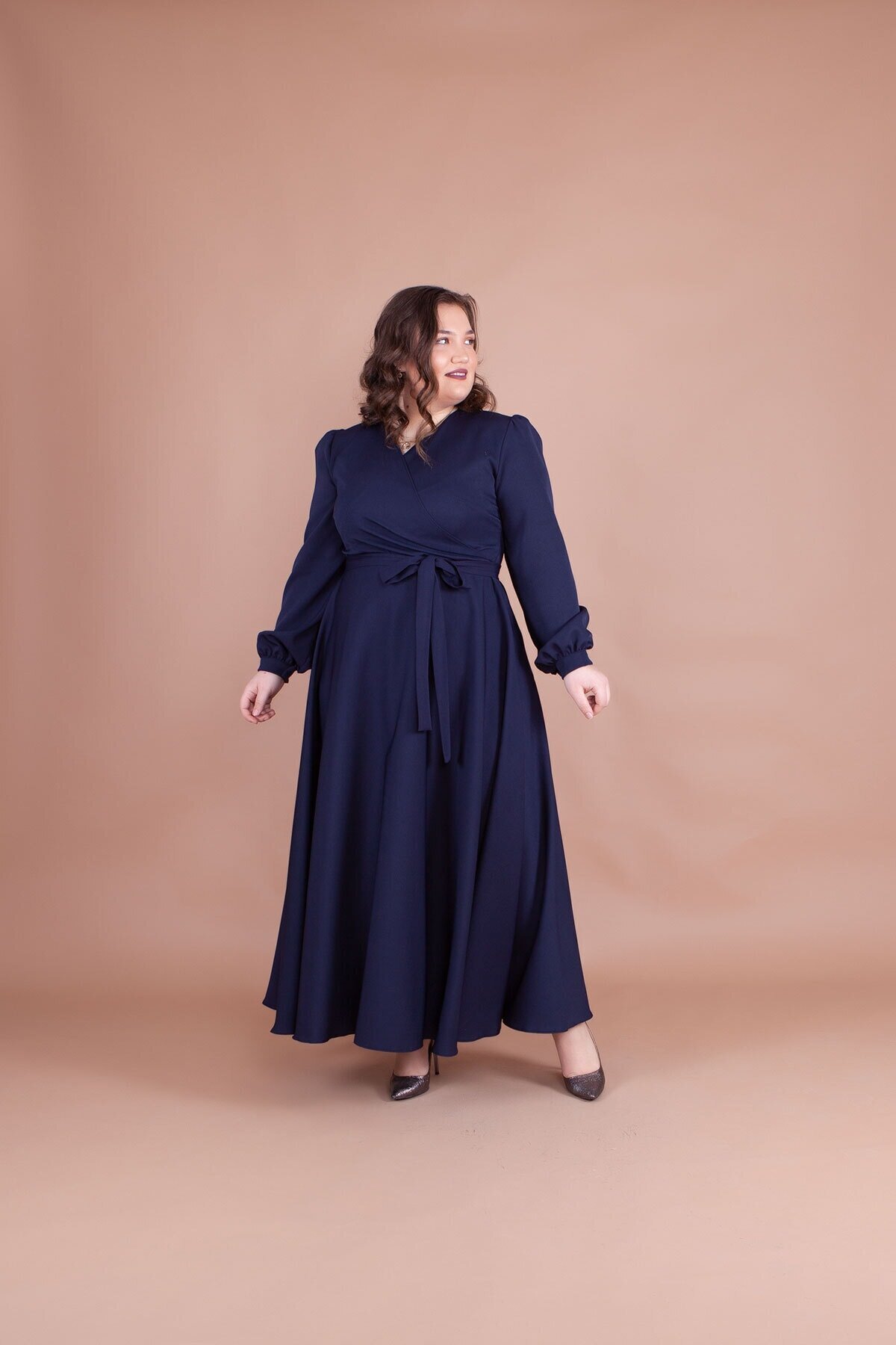 Plus Size Modest Dress - Navy Blue - Bidoluelbise