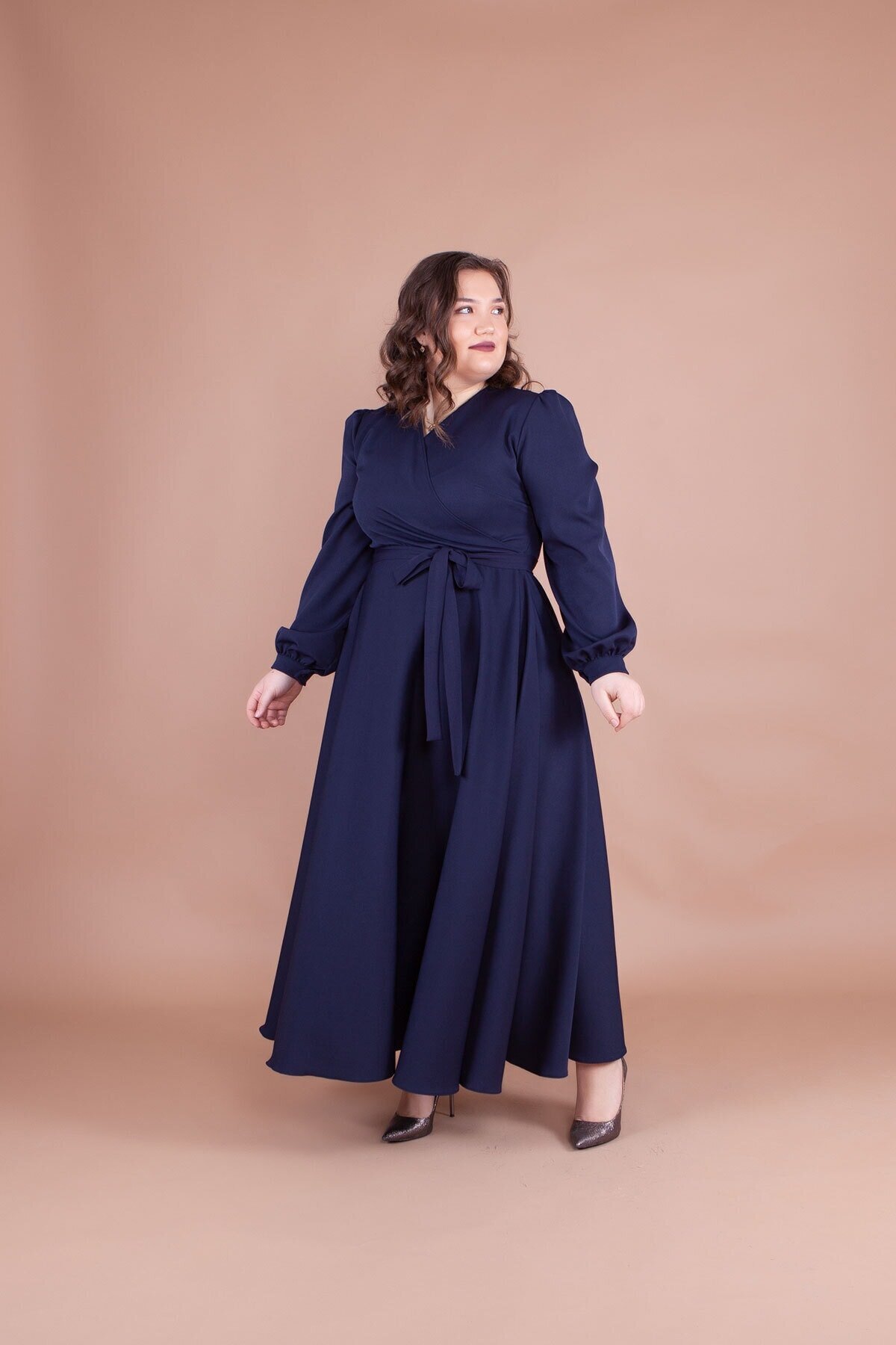 Plus Size Modest Dress - Navy Blue - Bidoluelbise