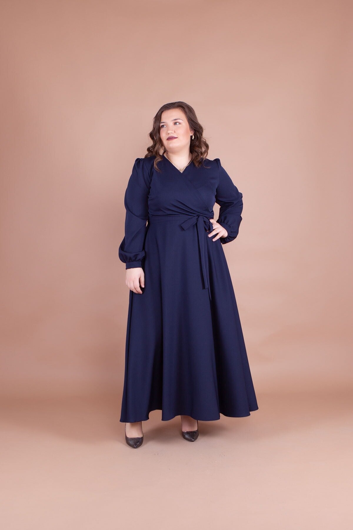Plus Size Modest Dress - Navy Blue - Bidoluelbise