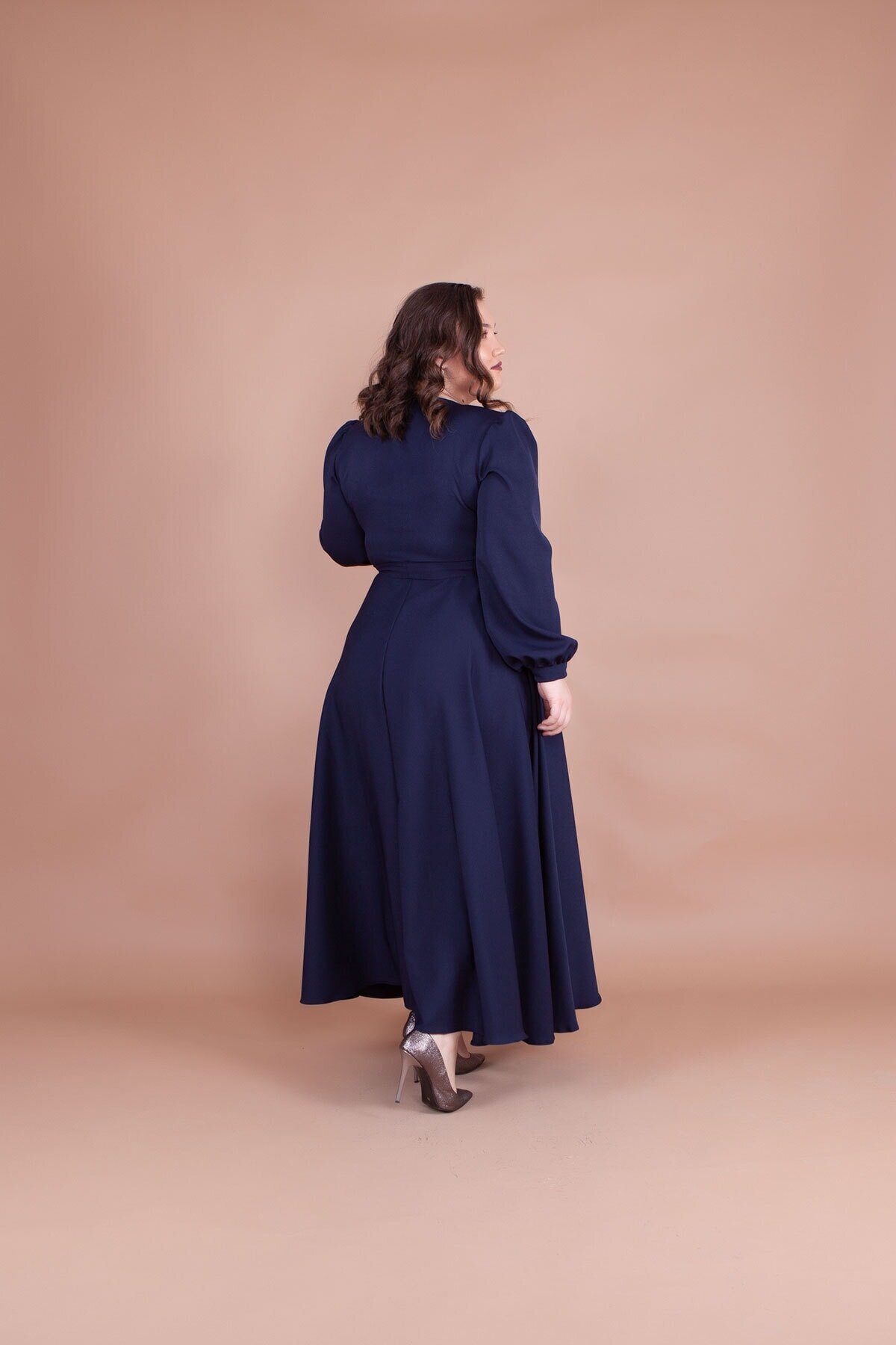 Plus Size Modest Dress - Navy Blue - Bidoluelbise
