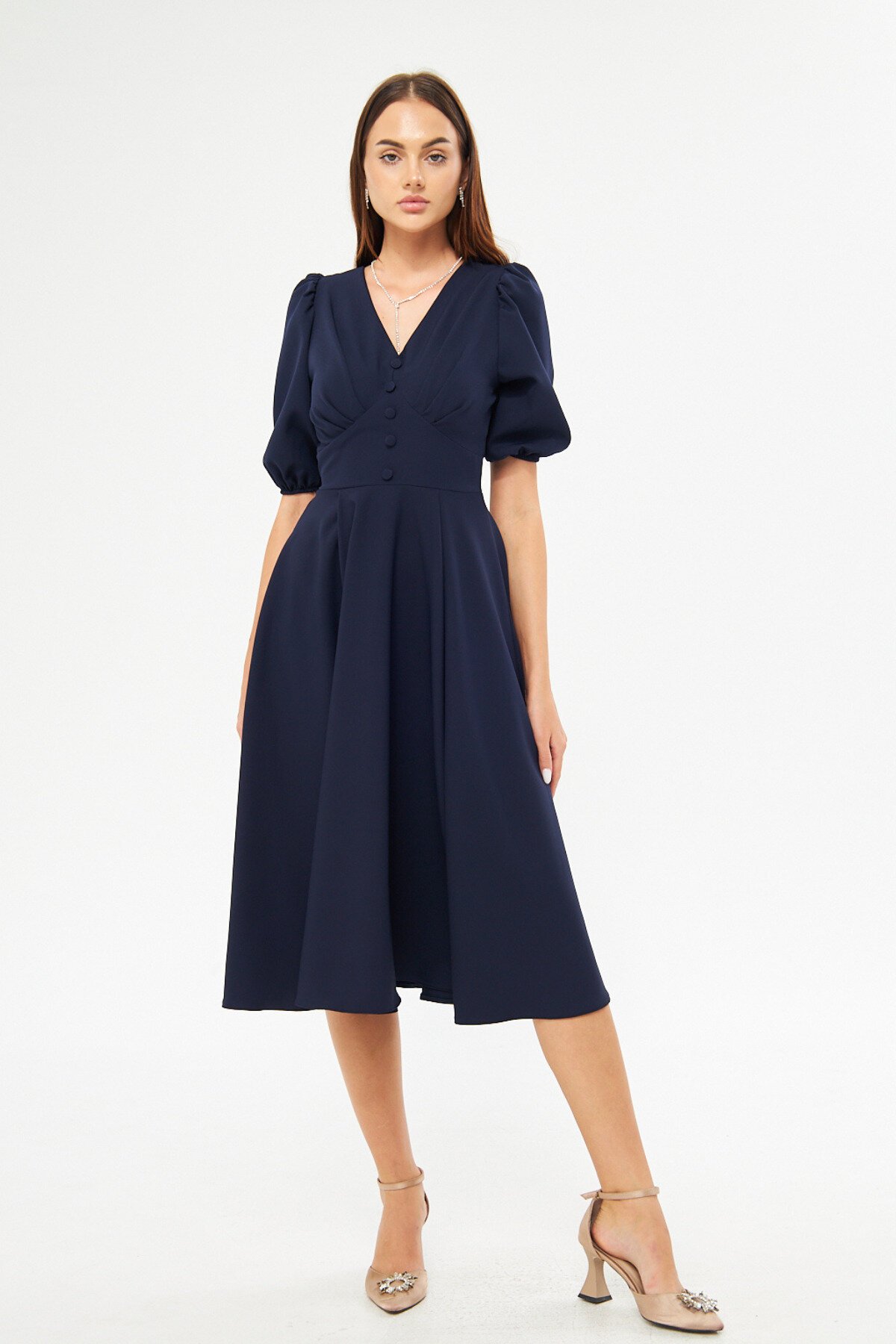 Midi Flowy V-Neck Balloon Sleeve Woven Corset Belted Pleated Bust Decorative Button Dress - Navy Blue - Bidoluelbise