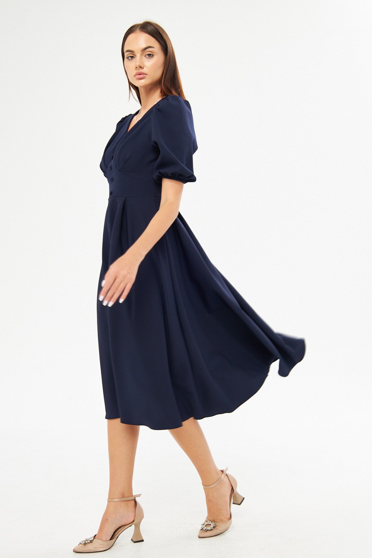 Midi Flowy V-Neck Balloon Sleeve Woven Corset Belted Pleated Bust Decorative Button Dress - Navy Blue - Bidoluelbise