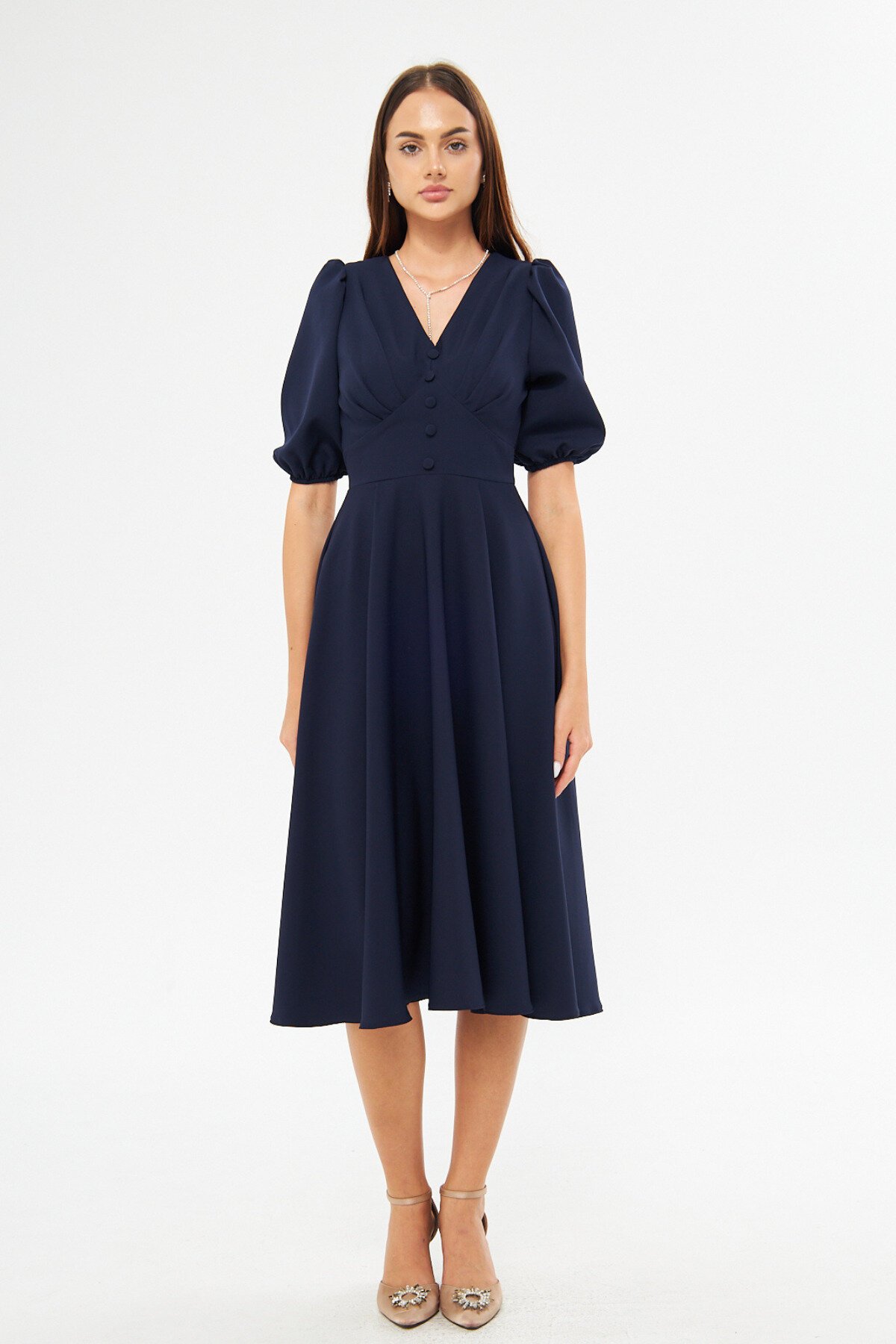 Midi Flowy V-Neck Balloon Sleeve Woven Corset Belted Pleated Bust Decorative Button Dress - Navy Blue - Bidoluelbise